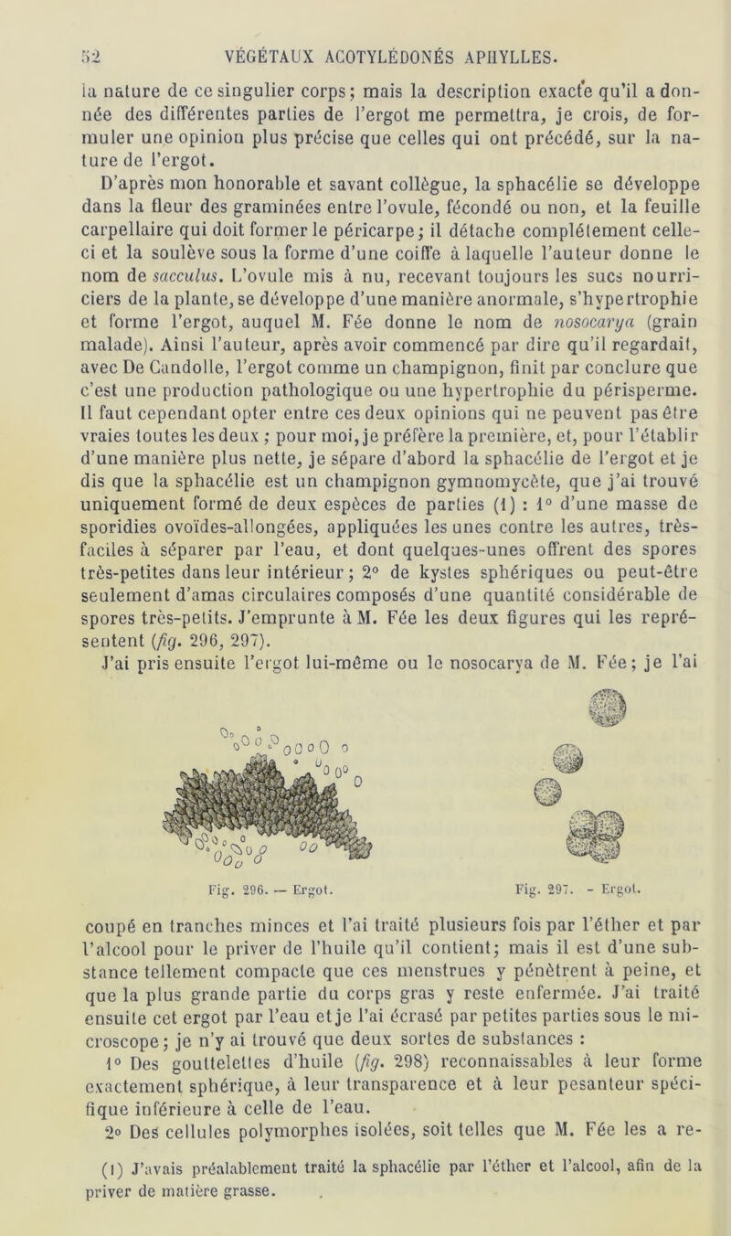 ia nature de ce singulier corps; mais la description exacte qu’il a don- née des différentes parties de l’ergot me permettra, je crois, de for- muler une opinion plus précise que celles qui ont précédé, sur la na- ture de l’ergot. D’après mon honorable et savant collègue, la sphacélie se développe dans la fleur des graminées entre l’ovule, fécondé ou non, et la feuille carpellaire qui doit former le péricarpe; il détache complètement celle- ci et la soulève sous la forme d’une coiffe à laquelle l’auteur donne le nom de sacculus. L’ovule mis à nu, recevant toujours les sucs nourri- ciers de la plante, se développe d’une manière anormale, s’hvpertrophie et forme l’ergot, auquel M. Fée donne le nom de nosocarya (grain malade). Ainsi l’auteur, après avoir commencé par dire qu’il regardait, avec De Candolle, l’ergot comme un champignon, finit par conclure que c’est une production pathologique ou une hypertrophie du périsperme. Il faut cependant opter entre ces deux opinions qui ne peuvent pas être vraies toutes les deux ; pour moi, je préfère la première, et, pour l’établir d’une manière plus nette, je sépare d’abord la sphacélie de l’ergot et je dis que la sphacélie est un champignon gymnomycète, que j’ai trouvé uniquement formé de deux espèces de parties (1) : 1° d’une masse de sporidies ovoïdes-allongées, appliquées les unes contre les autres, très- faciles à séparer par l’eau, et dont quelques-unes offrent des spores très-petites dans leur intérieur ; 2° de kystes sphériques ou peut-être seulement d’amas circulaires composés d’une quantité considérable de spores très-petits. J’emprunte à M. Fée les deux figures qui les repré- sentent {fig. 296, 297). J’ai pris ensuite l’ergot lui-même ou le nosocarya de M. Fée; je l’ai Fig. 296. — Ergot. Fig. 297. - Ergot. coupé en tranches minces et l’ai traité plusieurs fois par l’éther et par l’alcool pour le priver de l’huile qu’il contient; mais il est d’une sub- stance tellement compacte que ces menstrues y pénètrent à peine, et que la plus grande partie du corps gras y reste enfermée. J’ai traité ensuite cet ergot par l’eau et je l’ai écrasé par petites parties sous le mi- croscope; je n’y ai trouvé que deux sortes de substances : 1° Des gouttelettes d’huile (fig. 298) reconnaissables à leur forme exactement sphérique, à leur transparence et à leur pesanteur spéci- fique inférieure à celle de l’eau. 2° Des cellules polymorphes isolées, soit telles que M. Fée les a re- (l) J’avais préalablement traité la sphacélie par l’éther et l’alcool, afin de la priver de matière grasse.