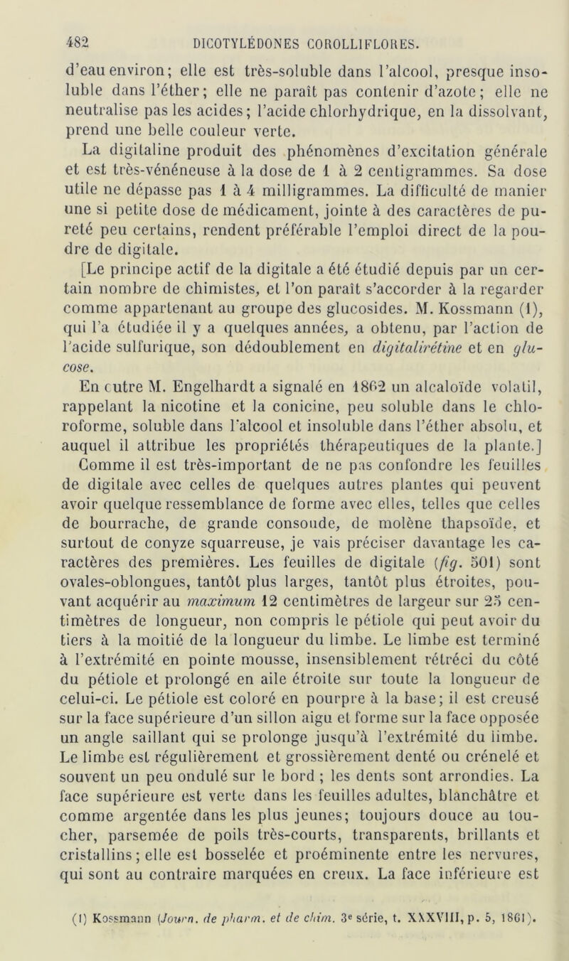 d’eau environ; elle est très-soluble dans l’alcool, presque inso- luble dans l’éther; elle ne paraît pas contenir d’azote ; elle ne neutralise pas les acides; l’acide chlorhydrique, en la dissolvant, prend une belle couleur verte. La digitaline produit des phénomènes d’excitation générale et est très-vénéneuse à la dose de 1 à 2 centigrammes. Sa dose utile ne dépasse pas 1 à 4 milligrammes. La difficulté de manier une si petite dose de médicament, jointe à des caractères de pu- reté peu certains, rendent préférable l’emploi direct de la pou- dre de digitale. [Le principe actif de la digitale a été étudié depuis par un cer- tain nombre de chimistes, et l’on paraît s’accorder à la regarder comme appartenant au groupe des glucosides. M. Kossmann (1), qui l’a étudiée il y a quelques années, a obtenu, par l’action de l’acide sulfurique, son dédoublement en dicjitalirétine et en glu- cose. En cutre M. Engelhardt a signalé en 1802 un alcaloïde volatil, rappelant la nicotine et la conicine, peu soluble dans le chlo- roforme, soluble dans l'alcool et insoluble dans l’éther absolu, et auquel il attribue les propriétés thérapeutiques de la plante.] Comme il est très-important de ne pas confondre les feuilles de digitale avec celles de quelques autres plantes qui peuvent avoir quelque ressemblance de forme avec elles, telles que celles de bourrache, de grande consolide, de molène thapsoïde, et surtout de conyze squarreuse, je vais préciser davantage les ca- ractères des premières. Les feuilles de digitale {fig. 501) sont ovales-oblongues, tantôt plus larges, tantôt plus étroites, pou- vant acquérir au maximum 12 centimètres de largeur sur 25 cen- timètres de longueur, non compris le pétiole qui peut avoir du tiers à la moitié de la longueur du limbe. Le limbe est terminé à l’extrémité en pointe mousse, insensiblement rétréci du côté du pétiole et prolongé en aile étroite sur toute la longueur de celui-ci. Le pétiole est coloré en pourpre à la base; il est creusé sur la face supérieure d’un sillon aigu et forme sur la face opposée un angle saillant qui se prolonge jusqu’à l’extrémité du limbe. Le limbe est régulièrement et grossièrement denté ou crénelé et souvent un peu ondulé sur le bord ; les dents sont arrondies. La face supérieure est verte dans les feuilles adultes, blanchâtre et comme argentée dans les plus jeunes; toujours douce au tou- cher, parsemée de poils très-courts, transparents, brillants et cristallins ; elle est bosselée et proéminente entre les nervures, qui sont au contraire marquées en creux. La face inférieure est (I) Kossmann (Journ. de pharm: et de chim. 3e série, t. XXXVIII, p. 5, 18G1).