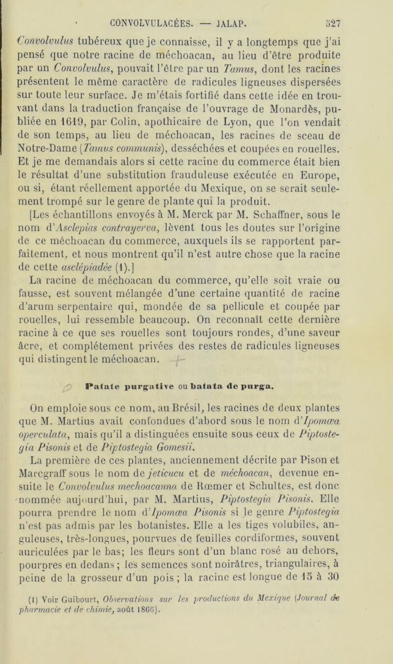 Convolvulus tubéreux que je connaisse, il y a longtemps que j:ai pensé que notre racine de méchoacan, au lieu d’être produite par un Convolvulus, pouvait l’être par un Tumus, dont les racines présentent le même caractère de radicules ligneuses dispersées sur toute leur surface. Je m’étais fortifié dans cette idée en trou- vant dans la traduction française de l’ouvrage de Monardès, pu- bliée en 1619, par Colin, apothicaire de Lyon, que l’on vendait de son temps, au lieu de méchoacan, les racines de sceau de Notre-Dame (Tcimus commuais), desséchées et coupées en rouelles. Et je me demandais alors si cette racine du commerce était bien le résultat d’une substitution frauduleuse exécutée en Europe, ou si, étant réellement apportée du Mexique, on se serait seule- ment trompé sur le genre de plante qui la produit. [Les échantillons envoyés à M. Merck par M. Sehaffner, sous le nom (VAsclepias contrayerva, lèvent tous les doutes sur l’origine de ce méchoacan du commerce, auxquels ils se rapportent par- faitement, et nous montrent qu’il n’est autre chose que la racine de cette asclépiadée (1).] La racine de méchoacan du commerce, qu’elle soit vraie ou fausse, est souvent mélangée d’une certaine quanti Lé de racine d’arum serpentaire qui, mondée de sa pellicule et coupée par rouelles, lui ressemble beaucoup. On reconnaît cette dernière racine à ce que ses rouelles sont toujours rondes, d’une saveur âcre, et complètement privées des restes de radicules ligneuses qui distinguent le méchoacan. Patate purgative ou batata de purga. On emploie sous ce nom, au Brésil, les racines de deux plantes que M. Martius avait confondues d’abord sous le nom d’lpomœa operculata, mais qu’il a distinguées ensuite sous ceux de Piptoste- gia Pisonis et de Piptostegia Gomesii. La première de ces plantes, anciennement décrite par Pison et Marcgralf sous le nom de jeticucu et de méchoacan, devenue en- suite le Convolvulus mechoacanna de Rœmer et Schultes, est donc nommée aujourd’hui, par M. Martius, Piptostegia Pisonis. Elle pourra prendre le nom cYlpomœa Pisonis si le genre Piptostegia n’est pas admis par les botanistes. Elle a les tiges volubiles, an- guleuses, très-longues, pourvues de feuilles cordiformes, souvent auriculées par le bas; les fleurs sont d’un blanc rosé au dehors, pourpres en dedans; les semences sont noirâtres, triangulaires, à peine de la grosseur d’un pois ; la racine est longue de 15 à 30 (I) Voir Guibourt, Observations sur les productions du Mexique (Journal de pharmacie et de chimie, août 1 SGG).