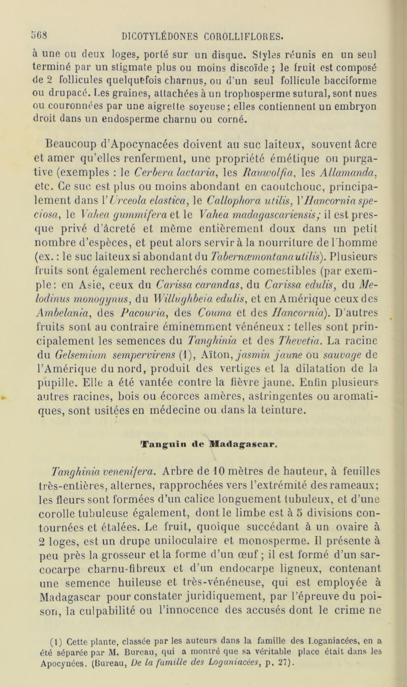 à une ou deux loges, porté sur un disque. Styles réunis en un seul terminé par un stigmate plus ou moins discoïde ; le fruit est composé de 2 follicules quelquefois charnus, ou d’un seul follicule bacciforme ou dru pacé. Les graines, attachées à un trophosperme suturai, sont nues ou couronnées par une aigrette soyeuse; elles contiennent un embryon droit dans un endosperme charnu ou corné. Beaucoup d’Apocynacées doivent au suc laiteux, souvent âcre et amer qu’elles renferment, une propriété émétique ou purga- tive (exemples : le Cerbera lactaria, les Rauivolfia, les Allamanda, etc. Ce suc est plus ou moins abondant en caoutchouc, principa- lement dans YUrceola elastica, le Callophora ulilis, Y Hancornia spe- ciosa, le Vahea gummifera et le Vahea madagascariensis; il est pres- que privé d’âcreté et même entièrement doux dans un petit nombre d’espèces, et peut alors servir à la nourriture de l'homme (ex. : le suc laiteux si abondant du Tabernœmontanautilis). Plusieurs fruits sont également recherchés comme comestibles (par exem- ple: en Asie, ceux du Carissa carandas, du Carissa edulis, du Me- lodinus monoggnus, du Willughbeia edulis, et en Amérique ceux des Ambelania, des Pacouria, des Couma et des Hancornia). D’autres fruits sont au contraire éminemment vénéneux : telles sont prin- cipalement les semences du T'anghinia et des Thevetia. La racine du Gelsemium sempervirens (1), Alton, jasmin jaune ou sauvage de l’Amérique du nord, produit des vertiges et la dilatation de la pupille. Elle a été vantée contre la fièvre jaune. Enfin plusieurs autres racines, bois ou écorces amères, astringentes ou aromati- ques, sont usitées en médecine ou dans la teinture. Tanguin «le Madagascar. Tanghinia venenifera. Arbre de 10 mètres de hauteur, à feuilles très-entières, alternes, rapprochées vers l’extrémité des rameaux; les fleurs sont formées d’un calice longuement tubuleux, et d’une corolle tubuleuse également, dont le limbe est à 5 divisions con- tournées et étalées. Le fruit, quoique succédant à un ovaire à 2 loges, est un drupe uniloculaire et monosperme. Il présente à peu près la grosseur et la forme d’un œuf ; il est formé d’un sar- cocarpe charnu-fibreux et d’un endocarpe ligneux, contenant une semence huileuse et très-vénéneuse, qui est employée à Madagascar pour constater juridiquement, par l’épreuve du poi- son, la culpabilité ou l’innocence des accusés dont le crime ne (1) Cette plante, classée par les auteurs dans la famille des Loganiacées, en a été séparée par M. Bureau, qui a montré que sa véritable place était dans les Apocynées. (Bureau, De la famille des Loganiacées, p. 27).