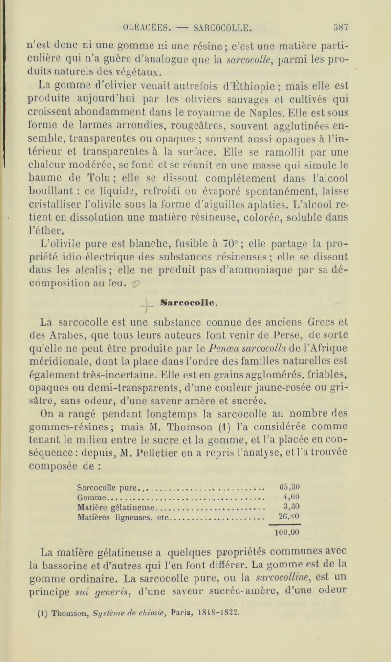 OLÉACÉES. — SÀRCOCOLLE. 387 n’est donc ni une gomme ni une résine; c’est une matière parti- culière qui n’a guère d’analogue que la sarcocolle, parmi les pro- duits naturels des végétaux. La gomme d’olivier venait autrefois d’Éthiopie ; mais elle est produite aujourd’hui par les oliviers sauvages et cultivés qui croissent abondamment dans le royaume de Naples. Elle est sous forme de larmes arrondies, rougeâtres, souvent agglutinées en- semble, transparentes ou opaques; souvent aussi opaques à l’in- térieur et transparentes à la surface. Elle se ramollit par une chaleur modérée, se fond et se réunit en une masse qui simule le baume de Tolu ; elle se dissout complètement dans l’alcool bouillant : ce liquide, refroidi ou évaporé spontanément, laisse cristalliser l’olivile sous la forme d’aiguilles aplaties. L’alcool re- tient en dissolution une matière résineuse, colorée, soluble dans l’éther. L’olivile pure est blanche, fusible à 70° ; elle partage la pro- priété idio-électrique des substances résineuses; elle se dissout dans les alcalis ; elle ne produit pas d’ammoniaque par sa dé- composition au feu. t? Sarcocolle. La sarcocolle est une substance connue des anciens Grecs et des Arabes, que tous leurs auteurs font venir de Perse, de sorte qu’elle ne peut être produite par le Penœa sarcocolla de l’Afrique méridionale, dont la place dans l’ordre des familles naturelles est également très-incertaine. Elle est en grains agglomérés, friables, opaques ou demi-transparenls, d’une couleur jaune-rosée ou gri- sâtre, sans odeur, d’une saveur amère et sucrée. On a rangé pendant longtemps la sarcocolle au nombre des gommes-résines; mais M. Thomson (1) l’a considérée comme tenant le milieu entre le sucre et la gomme, et l’a placée en con- séquence: depuis, M. Pelletier en a repris l’analyse, et l'a trouvée composée de : Sarcocolle pure 65,30 Gomme 4,60 Matière gélatineuse 3,30 Matières ligneuses, etc 26,80 100,00 La matière gélatineuse a quelques propriétés communes avec la bassorine et d’autres qui l’en font différer. La gomme est de la gomme ordinaire. La sarcocolle pure, ou la sarcocolline, est un principe sui generis, d’une saveur sucrée-amère, d’une odeur (1) Thomson, Système de chimie, Paris, 1818-1822.