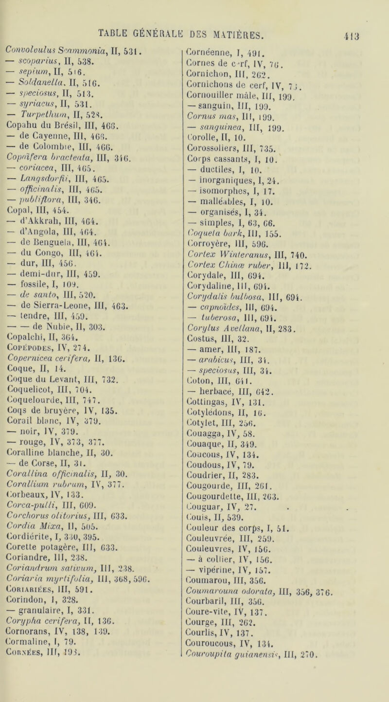 Convoluulus Scammonia, II, 531. — scoparius, II, 538. — septum, II, 516. — Soldanella. II, 51 G. — speciosus, II, 513. — syriucus, II, 531. — Turpethum, II, 528. Copahu du Brésil, III, 406. — de Cayenne, III, 4Gf*. — de Colombie, 111, 460. Copu'ifera bractenta, III, 31 G. — coriacea, III, 4G5. — Langsdorfii, III, 4G5. — officinalis, III, 4G5. — publiflora, III, 34G. Copal, 111, 454. — d’Akkrah, III, 464. — d’Angola, III, 4G4. — de Benguela, III, 4G4. — du Congo, 111, 404. — dur, III, 450. — demi-dur, III, 459. — fossile, I, 109. — de santo, III, 520. — de Sierra-Leone, III, 463. — iendre, III, 459. de Nubie, II, 303. Copalehi, II, 3G4. Copépodes, IV, 27 4. Copernicea cerifera, II, 130. Coque, II, 14. Coque du Levant, III, 732. Coquelicot, III, 704. Coquelourde, III, 747 . Coqs de bruyère, IV, 135. Corail blanc, IV, 379. — noir, IV, 379. — rouge, IV, 373, 377. Coralline blanche, II, 30. — de Corse, II, 3i. Corallina officinalis, II, 30. Coral/ium rubrum, IV, 377. Corbeaux, IV, 133. Corca-putli, III, G09. Cor chorus olitorius, III, G33. Cardia Mixa, II, 505. Cordiérite, I, 330, 395. Corette potagère, III, G33. Coriandre, III, 238. Coriandrum salivum, III, 238. Coriaria myrlifulia, III, 368, 59G. Coriariées, III, 591. Corindon, I, 328. — granulaire, I, 331. Cor y plia cerifera, II, 13G. Cornorans, IV, 138, 139. Cormaline, I, 79. Cornées, III, 193. Cornéenne, I, 491. Cornes de c-rf, IV, 76. Cornichon, III, 2G2. Cornichons de cerf, IV, 7 j. Cornouiller mâle, III, 199. ’ — sanguin, III, 199. Cornus mas, III, 199. — sanguinea, III, 199. Corolle, II, 10. Corossoliers, III, 735. Corps cassants, I, 10. — ductiles, I, 10. — inorganiques, 1, 24. — isomorphes, I, 17. — malléables, I, 10. — organisés, 1, 34. — simples, I, 63, 66. Coquelu bark, III, 155. Corroyère, III, 596. Cortex Winteranus, III, 740. Cortex Chinai ruber, 111, 172. Corydale, 111, 694. Corydaline, 111, 694. Corydalis bulbosa, III, 694. — capnoïdes, 111, 694. — tuberosa, 111, 694. Corylus Avetlana, 11,283. Costus, III, 32. — amer, III, 187. — arabicas, III, 34. — speciosus, III, 34. Coton, III, 641. — herbacé, III, 642. Cottingas, IV, 131. Cotylédons, II, 16. Cotylet, III, 256. Couagga, IV, 58. Couaque, II, 349. Coucous, IV, 134. Coudous, IV,79. Coudrier, II, 283. Cougourde, III, 261. Cougourdette, III, 263. Couguar, IV, 27. Louis, II, 539. Couleur des corps, I, 51. Couleuvrée, III, 259. Couleuvres, IV, 156. — à collier, IV, 156. — vipérine, IV, 157. Coumarou, III, 356. Coumarouna odorata, III, 356, 376. Courbaril, III, 356. Coure-vite, IV, 137. Courge, III, 262. Courlis, IV, 137. Couroucous, IV, 134. Couroupita guianensis, III, 270.