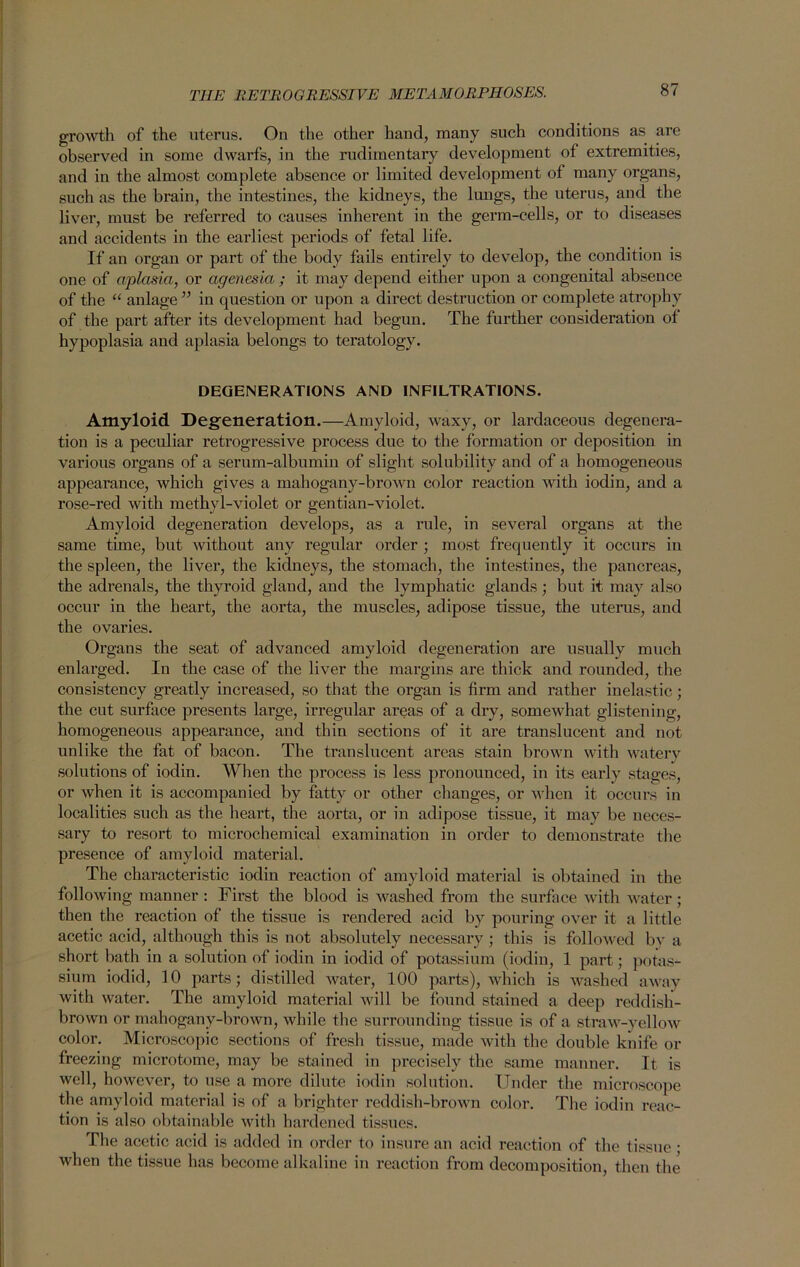 growth of the uterus. On the other hand, many such conditions as are observed in some dwarfs, in the rudimentary development of extremities, and in the almost complete absence or limited development of many organs, such as the brain, the intestines, the kidneys, the luugs, the uterus, and the liver, must be referred to causes inherent in the germ-cells, or to diseases and accidents in the earliest periods of fetal life. If an organ or part of the body fails entirely to develop, the condition is one of aplasia, or agenesia ; it may depend either upon a congenital absence of the “ anlage ” in question or upon a direct destruction or complete atrophy of the part after its development had begun. The further consideration of hypoplasia and aplasia belongs to teratology. DEGENERATIONS AND INFILTRATIONS. Amyloid Degeneration.—Amyloid, waxy, or lardaceous degenera- tion is a peculiar retrogressive process due to the formation or deposition in various organs of a serum-albumin of slight solubility and of a homogeneous appearance, which gives a mahogany-brown color reaction with iodin, and a rose-red with methyl-violet or gentian-violet. Amyloid degeneration develops, as a rule, in several organs at the same time, but without any regular order ; most frequently it occurs in the spleen, the liver, the kidneys, the stomach, the intestines, the pancreas, the adrenals, the thyroid gland, and the lymphatic glands; but it may also occur in the heart, the aorta, the muscles, adipose tissue, the uterus, and the ovaries. Organs the seat of advanced amyloid degeneration are usually much enlarged. In the case of the liver the margins are thick and rounded, the consistency greatly increased, so that the organ is firm and rather inelastic; the cut surface presents large, irregular areas of a dry, somewhat glistening, homogeneous appearance, and thin sections of it are translucent and not unlike the fat of bacon. The translucent areas stain brown with watery solutions of iodin. When the process is less pronounced, in its early stages, or when it is accompanied by fatty or other changes, or when it occurs in localities such as the heart, the aorta, or in adipose tissue, it may be neces- sary to resort to microchemical examination in order to demonstrate the presence of amyloid material. The characteristic iodin reaction of amyloid material is obtained in the following manner : First the blood is washed from the surface with water; then the reaction of the tissue is rendered acid by pouring over it a little acetic acid, although this is not absolutely necessary ; this is followed by a short bath in a solution of iodin in iodid of potassium (iodin, 1 part; potas- sium iodid, 10 parts; distilled water, 100 parts), which is washed away with water. The amyloid material will be found stained a deep reddish- brown or mahogany-brown, while the surrounding tissue is of a straw-vellow color. Microscopic sections of fresh tissue, made with the double knife or freezing microtome, may be stained in precisely the same manner. It is well, however, to use a more dilute iodin solution. Under the microscope the amyloid material is of a brighter reddish-brown color. The iodin reac- tion is also obtainable with hardened tissues. The acetic acid is added in order to insure an acid reaction of the tissue; when the tissue has become alkaline in reaction from decomposition, then the