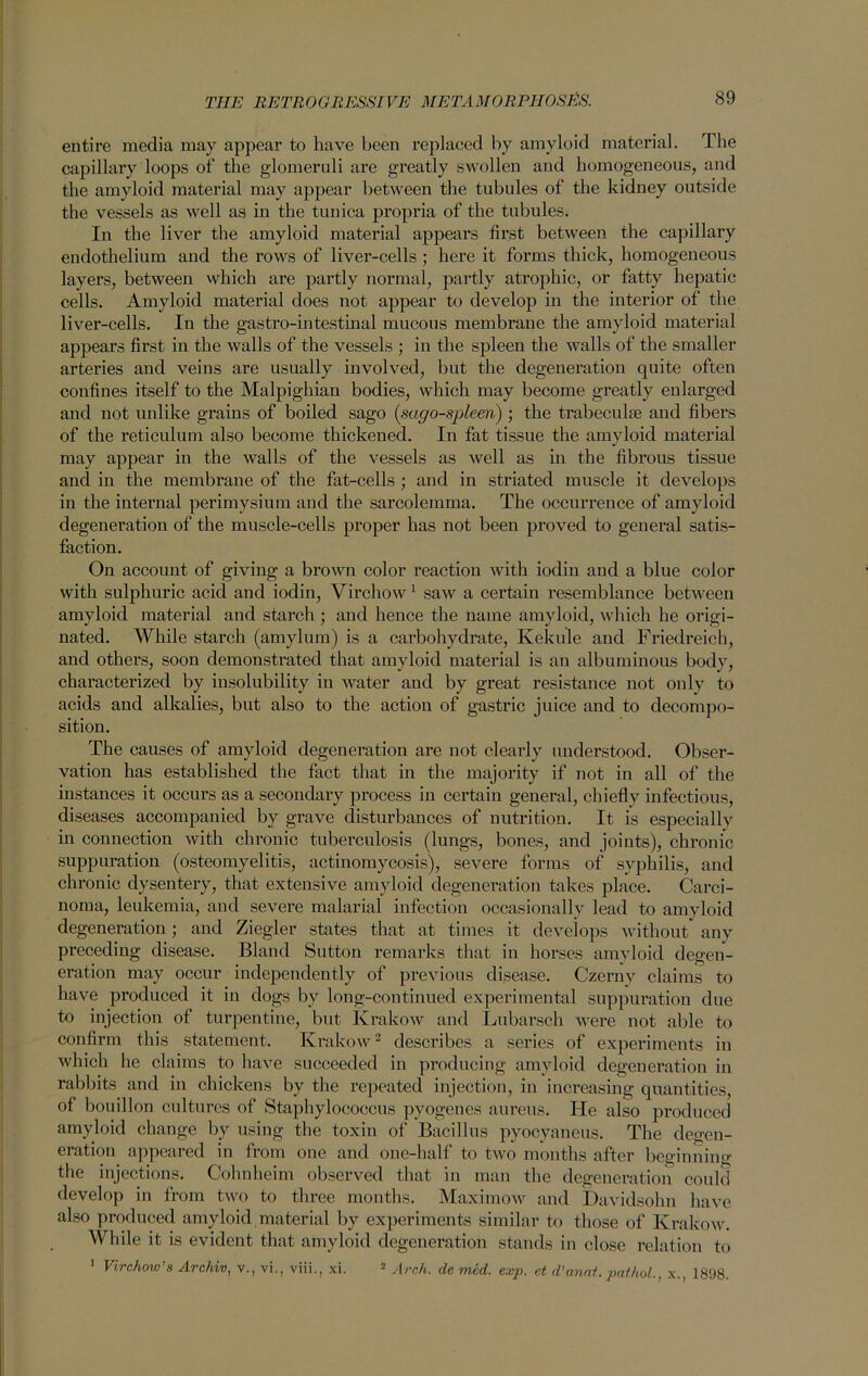 entire media may appear to have been replaced by amyloid material. The capillary loops of the glomeruli are greatly swollen and homogeneous, and the amyloid material may appear between the tubules of the kidney outside the vessels as well as in the tunica propria of the tubules. In the liver the amyloid material appears first between the capillary endothelium and the rows of liver-cells ; here it forms thick, homogeneous layers, between which are partly normal, partly atrophic, or fatty hepatic cells. Amyloid material does not appear to develop in the interior of the liver-cells. In the gastro-intestinal mucous membrane the amyloid material appears first in the walls of the vessels ; in the spleen the walls of the smaller arteries and veins are usually involved, but the degeneration quite often confines itself to the Malpighian bodies, which may become greatly enlarged and not unlike grains of boiled sago (sago-spleen); the trabeculae and fibers of the reticulum also become thickened. In fat tissue the amyloid material may appear in the walls of the vessels as well as in the fibrous tissue and in the membrane of the fat-cells ; and in striated muscle it develops in the internal perimysium and the sarcolemma. The occurrence of amyloid degeneration of the muscle-cells proper has not been proved to general satis- faction. On account of giving a brown color reaction with iodin and a blue color with sulphuric acid and iodin, Virchow1 saw a certain resemblance between amyloid material and starch ; and hence the name amyloid, which he origi- nated. While starch (amylum) is a carbohydrate, Kekule and Friedreich, and others, soon demonstrated that amyloid material is an albuminous body, characterized by insolubility in water and by great resistance not only to acids and alkalies, but also to the action of gastric juice and to decompo- sition. The causes of amyloid degeneration are not clearly understood. Obser- vation has established the fact that in the majority if not in all of the instances it occurs as a secondary process in certain general, chiefly infectious, diseases accompanied by grave disturbances of nutrition. It is especially in connection with chronic tuberculosis (lungs, bones, and joints), chronic suppuration (osteomyelitis, actinomycosis), severe forms of syphilis, and chronic dysentery, that extensive amyloid degeneration takes place. Carci- noma, leukemia, and sevei’e malarial infection occasionally lead to amyloid degeneration; and Ziegler states that at times it develops without any preceding disease. Bland Sutton remarks that in horses amyloid degen- eration may occur independently of previous disease. Czerny claims to have produced it in dogs by long-continued experimental suppuration due to injection of turpentine, but Krakow and Lubarsch were not able to confirm this statement. Krakow2 describes a series of experiments in which he claims to have succeeded in producing amyloid degeneration in rabbits and in chickens by the repeated injection, in increasing quantities, of bouillon cultures of Staphylococcus pyogenes aureus. He also produced amyloid change by using the toxin of Bacillus pyocyaneus. The degen- eration appeared in from one and one-half to two months after beginning the injections. Cohnheim observed that in man the degeneration could develop in from two to three months. Maximow and Davidsohn have also produced amyloid, material by experiments similar to those of Krakow. While it is evident that amyloid degeneration stands in close relation to 1 Virchow’s Archiv, v., vi., viii., xi. 2 Arch, de med. exp. et d'anat. pathol., x., 1898.