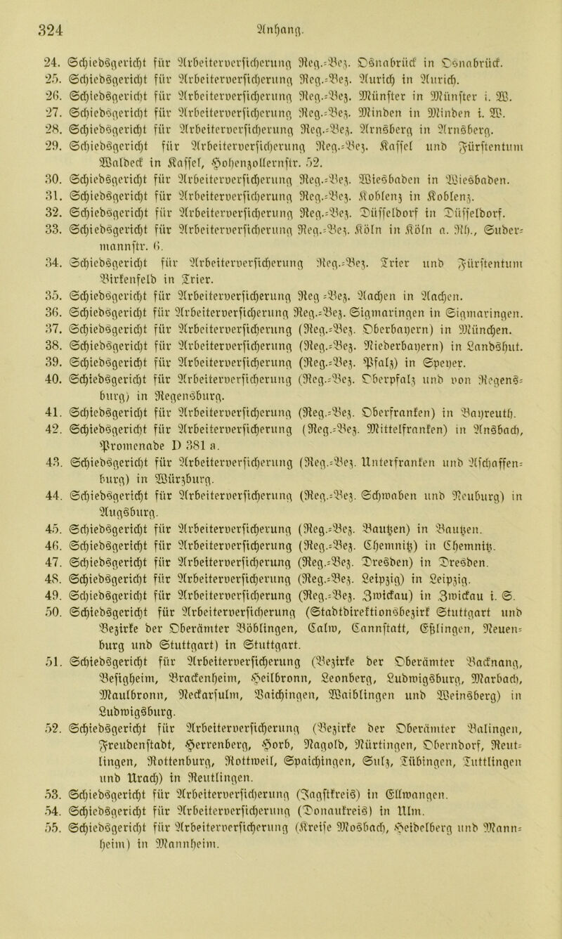 24. ©d)icb^i^eric'^t für '^Irbeitcruerficbcnmc^ 3tcc\.='4^e,v D§nn6rürf in r^innbrüd. 2f). ©d)icbö(^crtd)t für 2(r6cUerncrfid)crun(\ 3(uricl^ in 3(uricü. 2G. ©d)icb§^erid)t für 2(rbciterüerfid)crunn 93?ünfter in 9)?ünftcr i. 9B. 27. ©d)iebci(^ertd)t für 2lrbctterucrfid)crunc', 3lcg.=33e,v 3Jiinben in 9)2inben i. 2Ü?. 2K. ©d)icb§flcrid)t für 3(rbcitcrucrfidierun(^ 3ien-=33e,^. 3(rn§bcrc^ in 2(rn5berc\. 29. ©diicböc\crid)t für 3^rbeiterl1crfid)cr^ln(•^ 3te(^.=33c3. .Raffet iinb SBalbed in Äaffef, §oI)cnjoUernflr. r>2. 30. ©d)ieb§t^crid)t für 3(rbeitcrr)crfid)enin(^ 3Rcf\.j3^e3. 2ßte^bnbcn in ^.Biesbnben. 31. ©d^iebö(\erid)t für 3(rbeiteruerfid)erun(^ 3icc|.=4^cj. .Ü'ob(en3 in Äoblen.^. 32. ©d)icböncrid)t für 3Crbeiterucrfidjcrnnn 9tec\.=33e3. ^üffclborf in J^üffelborf. 33. ©d)ieb^gerid)t für 3(rbeitcruerfid)crun(-\ 3ii'q.=3^ev 5lö[n in .flöln n. 3ü)., ©über- mannftr. 0, 34. ©cl)icbg^erid)t für 3(rbeiternerfid)erunf; Syrier unb i^-ürftentimi 33trfenfelb in Srier. 35. ©d)ieböc\crid)t für 31rbeiteruerfid)erun(3 9icfl =33e3. 3(ad)en in 3(nd)cn. 36. ©d^iebö^eridjt für 2(rbeitcrt)erfid)eriinq 91eg.=33ej. ©ic^morinnen in ©ic^inarin^en. 37. ©cl)ieb^gcrid)t für 3(rbcitcrrterfid)ening (Sieg.^^lej. ,0bcrbni)ern) in 33Jünd^en. 38. ©dbieb^gerid)t für 3(rbeiternerfic^erung (91eg.:33e3. 3Jieberbai)ern) in 2nnböf)ut. 39. ©d)iebögerid)t für 3lrbeitenierfid^erung (Sieg.^^lej. ^falj) in ©pci)er. 40. ©d^iebögeriebt für 3(rbeiternerficbcrung (3icg.;33c3. rbcrpfal,5 unb non 3icgen§; bürg) in diegensburg. 41. ©d)icbggerid)t für 3lrbeiternerfid)crung (91eg.=33ej. Oberfranfen) in 33apreutb. 42. ©dbiebögerid)t für 3(rbeiternerfid)erung (3ieg.-33c5. 9[RitteIfrnnfcn) in 3(n§bnd), 43roincnabe D 381 a. 43. ©d)ieb^gerid)t für 3(rbetternerfid)t’rung (Sieg.=3^3. Unterfrnnfen unb 3(fd)affen= bürg) in 3Bür3burg. 44. ©d)ieb€gertdf)t für 3(rbeiternerfid)erung (Sleg.=31e3. ©d)mabcn unb Siouburg) in 3lug6burg. 45. ©d)icb^gerid)t für 3(rbeiternerfid)erung (Sieg.^^lej. 33au^en) in 31nul3en. 46. ©d)ieb§gerid)t für 3(rbeiternerfid)erung (9ieg.=33e3. Gf}emnil^) in Gbemniü. 47. ©d)ieb§gerid)t für 31rbeiternerfid)erung (Sleg.:3.1e3. X're^ben) in T're^ben. 48. ©dbiebögeriebt für 3(rbeiternerfid)erung (91eg.=31e3. 8eip3ig) in 2eip3ig. 49. ©d)iebögerid)t für 3(rbeiterncrfid)erung (Sieg.=3103. 3wirfnu) in .Sifidnu i. ©. 50. ©dbieb^geridjt für 9(rbeiternerfid)erung (©tabtbireltion^be3ir! ©tuttgart unb 3e3ir!e ber Dbernmter 33öblingen, Galin, Gnnnftatt, ©plingen, Sieueiu bürg unb ©tuttgart) in ©tuttgart. 51. ©d)ieb§gerid)t für 3(rbeiternerfidberung (31e3irfe ber 5)beräniter 3adnang, 31efigbeim, 33radcnf)eim, .‘ocilbronn, Seonberg, Subtnig^burg, Siiarbad), SJiautbronn, Siedarfulin, 3>aid)ingen, 3ßaiblingen unb SBeinsberg) in Subraiggburg. 52. ©d)ieb§gertd)t für 3lrbeiteruerficberung (31e3irf'e ber Dberäniter 31alingen, '^reubenftabt, §errenbcrg, 0orb, Siagolb, Siürtingen, Obernborf, Sieut= lingen, Siottenburg, Stottineil, ©paiebingen, ©1113, 'ijüibingen, ^luttlingen unb Urad)) in Sleutlingen. 53. ©d)ieb^gerirbt für 3(rbeiternerfid)erung (^agftfreiö) in (SItinangen. 54. ©ebiebSgeridbt für 3(rbeitcrr>erfid)erung (T'onaufreiö) in Itlin. 55. ©d)icbögerid)t für 3(rbeiternerfid)erung (Greife SJio^badi, .'oeibelberg unb Slianiu beim) in S??annbeim.