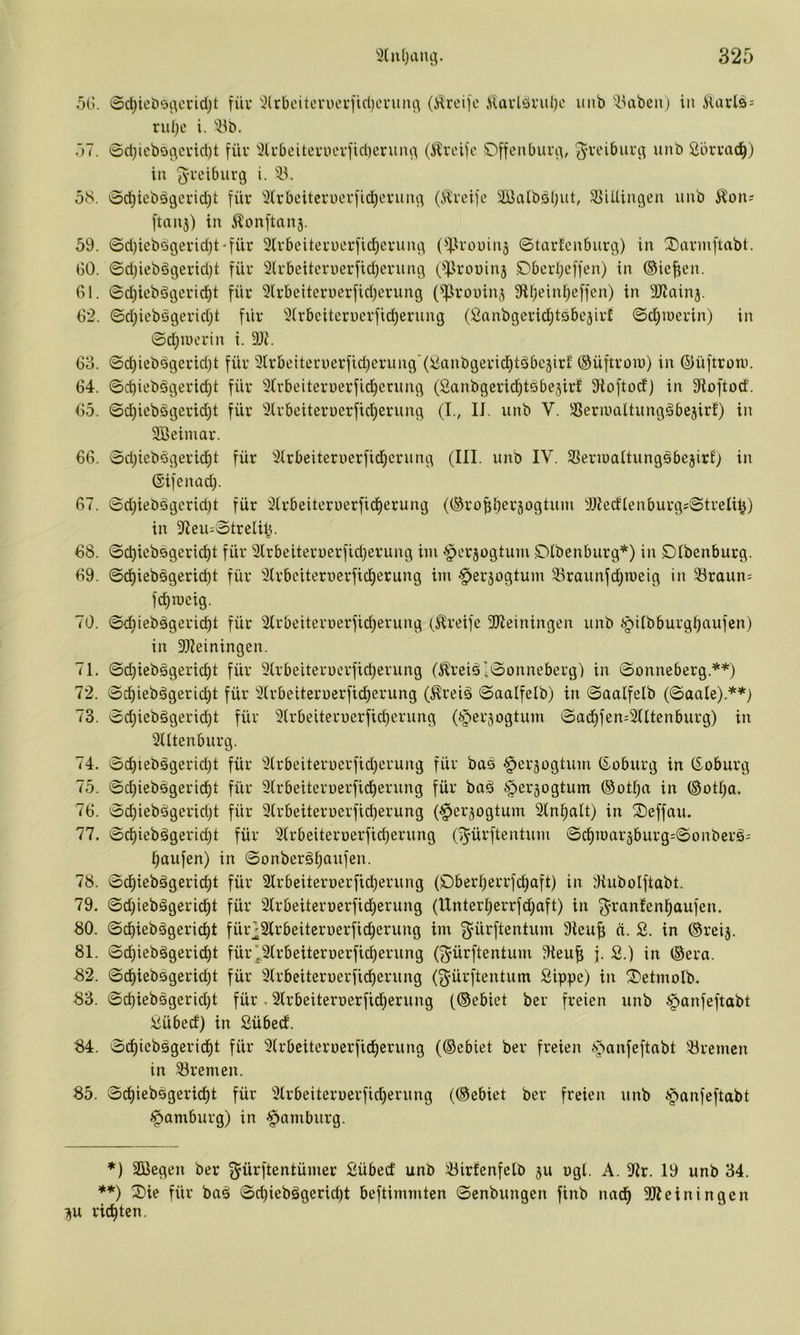0d)ieti‘ji\ericl)t füv ^lrbeitenu‘vficl)ennu^ (i^rei]e iiavlönit)e iiiib 'i-^abeii) in Älurlö^ riUjc i. 'iib. .j7. ©cl)ieboi^ci'id)t füv ^U'beitevnevfidicnuu^ (Ärei)c Dffeiiburt^, ^-veibui'c^ unb Sörtad^) in ^-L-eibiivg i. 53. 58. ©c^iebb9crid)t für 5lrbeiteruev]ic^erunfl (^veife SÖalböbut, JCiilingen unb ftaii3) in ^onftanj. 59. ©d)icbögerid)t'für Slvbeitei-uerfic^cvuiu^ (^^i'ouinj ©tarfcnburi^) in ^armftabt. GO. ©d^ieböQei'idjt füv 3lrbeitcn)erfid)enuu3 o:).3uiüin3 ,0bci'ljeffen) in ©ic^en. 61. ©djiebätjcrid^t füi* 3(rbciteruer[id)crung (^rouinj 9U;ein^e[fen) in 2JJainj. 62. ©djiebsgerid^t für 2(rbcitcn)erfid)erung (ßanbgerid^töbejivf ©d)iüerin) in ©d;iuerin i. 9)i. 68. ©c^ieb^geridjt für 3lrbeiternerfid)erung’(i3anbgerid)töbc3ir£ ©üftroro) in ©üftroiu. 64. ©cbiebägerid)t für 5frbeiteruerfid)crung (Sanbgerid^tsbesir! 9ioftocf) in 9ioftorf. 65. @c^iebägerid)t für 2lrbeiteruerfici)erung (I., U. unb V. 53eriuaitung§bejirf) in 3Beimar. 66. ©d)iebsgerid)t für ^Irbeiteruerfid^erung (III. unb IV. 33eriüaltungäbe3ir£; in ©ife nad). 67. SdjieDsgcridü für 2(rbeiteruerfid)erung ((Srü^bß^äogtum 9)£edlenburgs©tre(i^) in 5Ieu=0treIiV 68. ©diicbögeric^t für 2Irbeiteruerfid)erung im ^erjogtum Dlbenburg*) in Dlbcnburg. 69. ©d)iebsgerid)t für 2lrbciteruerfid)erung im ^erjogtum 53raunfd)n)elg in 53raun= fd)meig. ^0. ©d)iebsgerid)t für 2Irbeiterüerfid)erung («Greife 3Jieiningen unb i^Ubburgfjaufen) in 9)7einingen. 71. 0d)ieb5gerid)t für 9(rbeiteruerfid)erung (^reiö-©onneberg) in ©onneberg.*^) 72. ©d^iebggerid;t für 2lrbeiterüerfid)erung (^reiä ©aalfelb) in ©aalfelb (©aale).**) 73. ©d)iebggerid)t für 3lrbeiteruerfid)erung (ijersogtum ©ad^femSlltenburg) in 5(ltenburg. 74. ©c^iebsgeridjt für 2lrbeiterucrfid)erung für bas ^erjügtum (Soburg in (Soburg 75. ©d)iebögerid^t für Slrbeiternerfid^erung für bag ^erjogtum @otl)a in ©otl)a. 76. ©d)iebögerid)t für 3lrbeiterv)crfid)erung (§crjogtum Sln^alt) in ®effau. 77. ©d)iebägerid)t für Slrbeiteroerfidjerung (^ürftentum ©d)roar3burg=©onberö= l^aufen) in ©onberg^aufen. 78. ©d)iebögerid)t für 2lrbeiteruerfid^erung (Dberl)errfd)aft) in iHubolftabt. 79. ©d)iebägeric^t für 2lrbeiteroerficl^erung (Unterl^errfd)aft) in ^ranfenl^aufen. 80. ©d)iebägerid)t für^Slrbeiteruerfic^erung im ^nirftentum 9icu^ n. 2. in ©reij. 81. ©d)iebSgerid)t für\,2(rbeiterüerfid)erung (^ürftentum 9ieu^ j. S.) in ©era. 82. ©d^iebsgerid)t für Slrbeiteruerfid^erung (^-ürftentum Sippe) in 2)etmolb. 83. ©d)iebsgerid)t für. Slrbeiternerfidjerung (©ebiet ber freien unb ^anfeftabt Sübed) in Sübed. 84. ©d)icbägerid)t für 9(rbeiteruerfid)erung (©ebiet ber freien ^8anfeftabt ^Bremen in 33remen. 85. ©d)iebsgerid)t für 9lrbeiterüerfid)erung (©ebiet ber freien unb ipanfeftabt -Hamburg) in -Hamburg. ♦) 2Begen ber ^‘ürftentümer Sübed unb 53irfenfelb ju ugl. A. 9Ir. 19 unb 34. **) Sie für baö ©d)iebägerid)t beftimmten ©enbungen finb nad^ 9Äeiningcn 13U rid^ten.