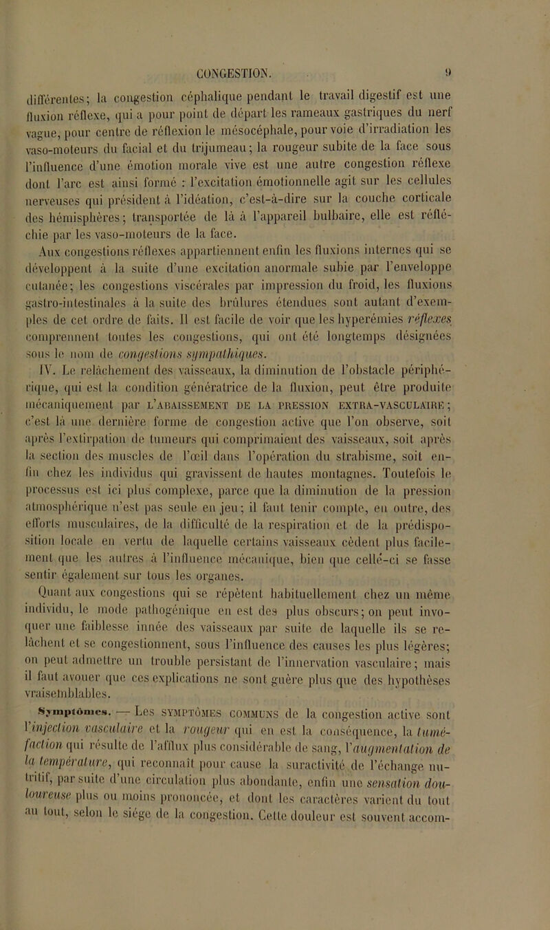 différentes; la congestion céphalique pendant le travail digestif est une fluxion réflexe, qui a pour point de départ les rameaux gastriques du nerf vague, pour centre de réflexion le mésocéphale, pourvoie d’irradiation les vaso-moteurs du facial et du trijumeau; la rougeur subite de la face sous l’influence d’une émotion morale vive est une autre congestion réflexe dont l’arc est ainsi formé : l’excitation émotionnelle agit sur les cellules nerveuses qui président à l’idéation, c’est-à-dire sur la couche corticale des hémisphères ; transportée de là à l’appareil bulbaire, elle est réflé- chie par les vaso-moteurs de la face. Aux congestions réflexes appartiennent enfin les fluxions internes qui se développent à la suite d’une excitation anormale subie par l’enveloppe cutanée; les congestions viscérales par impression du froid, les fluxions gastro-intestinales à la suite des brûlures étendues sont autant d’exem- ples de cet ordre de faits. Il est facile de voir que les hyperémies réflexes comprennent toutes les congestions, qui ont été longtemps désignées sons le nom de congestions sympathiques. IV. Le relâchement des vaisseaux, la diminution de l’obstacle périphé- rique, qui est la condition génératrice de la fluxion, peut être produite mécaniquement par l’abaissement de la pression extra-vasculaire ; c’est là une dernière forme de congestion active que l’on observe, soit après l’extirpation de tumeurs qui comprimaient des vaisseaux, soit après la section des muscles de l’œil dans l’opération du strabisme, soit en- lin chez les individus qui gravissent de hautes montagnes. Toutefois le processus est ici plus complexe, parce que la diminution de la pression atmosphérique n’est pas seule enjeu; il faut tenir compte, eu outre, des efforts musculaires, de la difficulté de la respiration et de la prédispo- sition locale en vertu de laquelle certains vaisseaux cèdent plus facile- ment que les autres à l’influence mécanique, bien que celle-ci se fasse sentir également sur tous les organes. Quant aux congestions qui se répètent habituellement chez un même individu, le mode pathogénique en est des plus obscurs; on peut invo- quer une faiblesse innée des vaisseaux par suite de laquelle ils se re- lâchent cl se congestionnent, sous l’influence des causes les plus légères; on peut admettre un trouble persistant de l’innervation vasculaire; mais il faut avouer que ces explications ne sont guère plus que des hypothèses vraisemblables. Symptômes. Les symptômes communs de la congestion active sont 1 injection vasculaire et la rougeur qui en est la conséquence, la tumé- faction qui résulte de l’afflux plus considérable de sang, Y augmentation de lu tempéi alure, qui reconnaît pour cause la suractivité de l’échange nu- hilil, par suite d une circulation plus abondante, enfin une sensation dou- loureuse plus ou moins prononcée, et dont les caractères varient du tout au tout, selon le siège de la congestion. Cette douleur est souvent accom-