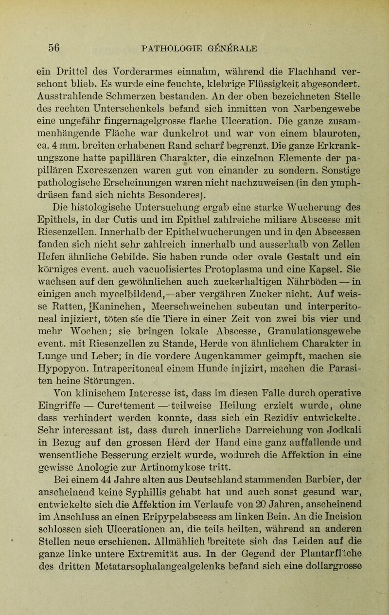 ein Drittel des Vorderarmes einnahm, wahrend die Flachliand ver- schont blieb. Es wurde eine feuchte, klebrige Fliissigkeit abgesondert. Ausstrahlende Schmerzen bestanden. An der oben bezeichneten Stelle des rechten Unterschenkels befand sich inmitten von Narbengewebe eine ungefahr fingernagelgrosse flache Ulceration. Die ganze zusam- menhangende Flache war dunkelrot und war von einem blauroten, ca. 4 mm. breiten erhabenen Rand scharf begrenzt. Die ganze Erkrank- ungszone hatte papillaren Charakter, die einzelncn Elemente der pa- pillaren Excreszenzen waren gut von einander zu sondern. Sonstige pathologische Erscheinungen waren nicht nachzuweisen (in den ymph- driisen fand sich nichts Besonderes). Die histologische Untersuchung ergab eine Starke Wucherung des Epithels, in der Cutis und im Epithel zahlreiche miliare Abscesse mit Riesenzellen. Innerhalb der Epithelwucherungen und in d,en Abscessen fanden sich nicht sehr zahlreich innerhalb und ausserhalb von Zellen Hefen ahnliche Gebilde. Sie haben runde oder ovale Gestalt und ein korniges event, auch vacuolisiertes Protoplasma und cine Kapsel. Sie wachsen auf den gewohnlichen auch zuckerhaltigen Nahrboden — in einigen auch mycelbildend,—aber vergahren Zucker nicht. Auf weis- se Ratten, [Kaninchen, Meerschweinchen subcutan und interperito- neal injiziert, tbten sie die Tiere in einer Zeit von zwei bis vier und mehr Wochen; sie bringen lokale Abscesse, Granulationsgewebe event, mit Riesenzellen zu Stande, Herde von ahnlichem Charakter in Lunge und Leber; in die vordere Augenkammer geimpft, machen sie Hypopyon. Intraperitoneal einem Hunde injizirt, machen die Parasi- ten heine Storungen. Von klinischem Interesse ist, dass im diesen Falle durch operative Eingriffe — CureRement — teilweise Heilung erzielt wurde, ohne dass verhindert werden konnte, dass sich ein Rezidiv entwickelte. Sehr interessant ist, dass durch innerliche Darreichung von Jodkali in Bezug auf den grossen Herd der Hand eine ganz auffallende und wensentliche Besserung erzielt wurde, wodurch die Affektion in eine gewisse Anologie zur Artinomykose tritt. Bei einem 44 Jahre alten aus Deutschland stammenden Barbier, der anscheinend keine Syphillis gehabt hat und auch sonst gesund war, entwickelte sich die Affektion im Verlaufe von 20 Jahren, anscheinend im Anschluss an einen Eripypelabscess am linken Bein. An die Incision schlossen sich Ulcerationen an, die teils heilten, wahrend an anderen Stellen neue erschienen. Allmahlich *breitete sich das Leiden auf die ganze linke untere Extremitat aus. In der Gegend der Plantarfliche des dritten Metatarsophalangealgelenks befand sich eine dollargrosse