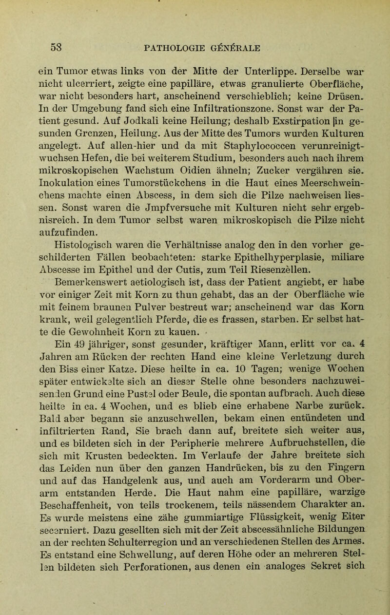 ein Tumor etwas links von der Mitte der Unterlippe. Derselbe war nicht ulcerriert, zeigte eine papillare, etwas granulierte Oberflache, war nicht besonders hart, anscheinend verschieblich; keine Drusen. In der Umgebung fand sich eine Infiltrationszone. Sonst war der Pa- tient gesund. Auf Jodkali keine Heilung; deshalb Exstirpation |in ge- sunden Grcnzen, Heilung. Aus der Mitte des Tumors wurden Kulturen angelegt. Auf allen-hier und da mit Staphylococcen verunreinigt- wuchsen Hefen, die bei weiterem Studium, besonders auch nach ihrem mikroskopischen Wachstum Oidien ahneln; Zucker vergahren sie. Inokulation eines Tumorstiickchens in die Haut eines Meerschwein- chens machte einen Abscess, in dem sich die Pilze nachweisen lies- sen. Sonst waren die Jmpfversuche mit Kulturen nicht sehr ergeb- nisreich. In dem Tumor selbst waren mikroskopisch die Pilze nicht aufzufinden. Histologisch waren die Verhaltnisse analog den in den vorher ge- schilderten Fallen beobachteten: starke Epithelhyperplasie, miliare Abscesse im Epithel und der Cutis, zum Teil Riesenzellen. Bernerkenswert aetiologisch ist, dass der Patient angiebt, er habe vor einiger Zeit mit Korn zu thun gehabt, das an der Oberflache wie mit feinem brauneu Pulver bestreut war; anscheinend war das Korn krank, weil gelegentlich Pferde, die es frassen, starben. Er selbst hat- te die Gewohnheit Korn zu kauen. Ein 49 jahriger, sonst gesunder, kraftiger Mann, erlitt vor ca. 4 Jahren am Riicken der rechten Hand eine kleine Verletzung dm*ch den Biss einer Katze. Diese heilte in ca. 10 Tagen; wenige Wochen spater entwickelte sich an dieser Stelle ohne besonders nachzuwei- senden Grund eine Pustel oder Beule, die spontan aufbrach. Auch diese heilte in ca, 4 Wochen, und es blieb eine erhabene Narbe zuriick. Bald aber begann sie anzuschwellen, bekam einen entiindeten und infiltrierten Rand, Sie brach dann auf, breitete sich weiter aus, und es bildeten sich in der Peripherie mehrere Aufbruchstellen, die sich mit Krusten bedeckten. Im Verlaufe der Jahre breitete sich das Leiden nun iiber den ganzen Handriicken, bis zu den Fingern und auf das Handgelenk aus, und auch am Vorderarm imd Ober- arm entstanden Herde. Die Haut nahm eine papillare, warzige Beschaffenheit, von teils trockenem, teils nassendem Charakter an. Es wurde meistens eine zahe gummiartige Fliissigkeit, wenig Eiter secerniert. Dazu gesellten sich mit der Zeit abscessahnliche Bildungen an der rechten Schulterregion und an verschiedenen Stellen des Armes. Es entstand eine Schwellung, auf deren Hbhe oder an mehreren Stel- len bildeten sich Pcrforationen, aus denen ein analoges Sekret sich