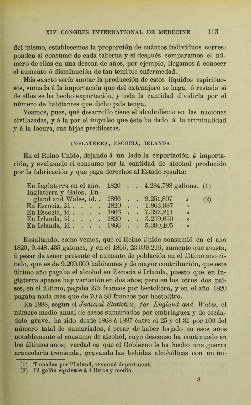 del mismo, establecemos la proporcion de cuantos individuos corres» ponden al consumo de cada taberna y si despues comparamos el nu- mero de ellas en una decena de anos, por ejemplo, llegamos a conocer el aumento 6 disminucion de tan temible enfermedad. Mas exacto seria anotar la produccion de estos liquidos espirituo- sos, sumada a la importation que del extranjero se haga, 6 restada si de ell os se ha hecho exportacion, y toda la cantidad dividirla por el numero de habitantes que dicho pais tenga. Veamos, pues, que desarrcllo tiene el alcoholismo en las naciones civilazadas, y a la par el impulso que este ha dado a la criminalidad y a la locura, sus hijas predilectas. INGLATERRA, ESCOCIA, IRLANDA En el Reino Unido, dejando a un lado la exportacion e importa- cion, y evaluando el consumo por la cantidad de alcohol producido por la fabrication y que paga derechos al Estado resulta: En Inglaterra en el ano. 1820 . . 4.284,788 gallons. (1) Inglaterra y Gales, En- gland and Wales, id. . 1866 . . 9.251,807 (2) En Escocia, id . . . . 1820 . . 1.863,987 En Escocia, id ... . 1866 . . 7.397,214 En Irlanda, id ... . 1820 . . 3.299,650 » En Irlanda, id ... . 1866 . . 5.390,105 Resultando, como vemos, que el Reino Unido consumio en el ano 1820, 9.448.435 galones, y en el 1868, 23.039.216, aumento que asusta, a pesar de tener presente el aumento de poblacion en el ultimo ano ci- tado, que es de 9.200.000 habitantes y de mayor contribution, que este ultimo ano pagaba el alcohol en Escocia e Irlanda, puesto que en In- glaterra apenas hay variation en dos anos; pero en los otros dos pai- ses, en el ultimo, pagaba 275 francos por hectolitro, y en el ano 1820 pagaba nada mas que de 70 a 80 francos por hectolitro. En 1888, segun el Judicial Statistics, for England and Wales, el numero medio anual de casos sumariados por embriaguez y de escan- dalo grave, ha sido desde 1868 a 1887 entre el 25 y el 31 por 100 del numero tatal de sumariados, a pesar de haber bajado en esos anos notablemente el consumo de alcohol, cuyo descenso ha continuado en los ultimos anos; verdad es que el Gobierno le ha hecho una guerra arancelaria tremenda, gravando las bebidas alcoholicas con un im- (1) Tomadas por 1‘Inland, revenue department. (2) El gal6n equivale 4 4 litrosy medio. 8