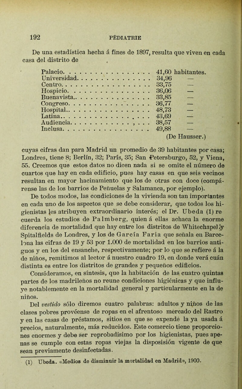 De una estadistica hecha a fines de 1897, resulta que viven en cada casa del distrito de Palacio 41,60 habitantes. Universidad 34,96 Centro 33,75 — Hospicio 36,06 — Buenavista 33,85 — Congreso ~ 36,77 — Hospital 48,73 — Latina . . . 43,69 — Audiencia . . . 38,57 — Inclusa 49,88 — (De Hausser.) cuyas cifras dan para Madrid un promedio de 39 habitantes por casa; Londres, tiene 8; Berlin, 32; Paris, 35; San Petersburgo, 52, y Yiena, 55. Creemos que estos datos no dicen nada si se omite el numero de cuartos que hay en cada edificio, pues hay casas en que seis vecinos resultan en mayor hacinamiento que los de otras con doce (compa- rense las de los barrios de Penuelas y Salamanca, por ejemplo). De todos modos, las condiciones de la vivienda son tan importantes en cada uno de los aspectos que se debe considerar, que todos los hi- gienistas les atribuyen extraordinario interes; el Dr. Ubeda (1) re cuerda los estudios de Palmberg, quien a ellas achaca la enorme diferencia de mortalidad que hay entre los distritos de Whitechapel ly Spitalflelds de Londres, y los de Garcia Faria que senala en Barce- lona las cifras de 19 y 53 por 1.000 de mortalidad en los barrios anti- guos y en los del ensanche, respectivamente; por lo que se refiere a la de ninos, remitimos al lector a nuestro cuadro 19, en donde vera cuan distinta es entre los distritos de grandes y pequenos ediflcios. Consideramos, en sintesis, que la habitacion de las cuatro quintas partes de los madrilenos no reune condiciones higienicas y que influ- ye notablemente en la mortalidad general y particularmente en la de ninos. Del vestido solo diremos cuatro palabras: adultos y ninos de las clases pobres proveense de ropas en el afrentoso mercado del Rastro y en las casas de prestamos, sitios en que se expende la ya usada a precios, naturalmente, mas reducidos. Este comercio tiene proporcio- nes enormes y debe ser reprobadisimo por los higienistas, pues ape- nas se cumple con estas ropas viejas la disposision vigente de que sean previamente desinfectadas. (1) Ubeda. <cMedios de disminuir la mortalidad en Madrid)), 1900.