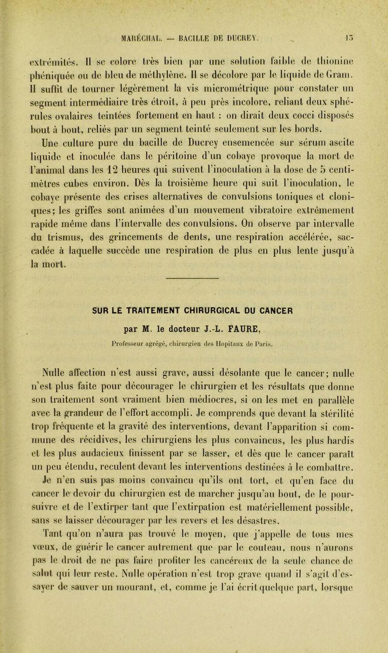 MAIIÉCIIAI,. — ItAHU-E DE DUflHEV. ir, l’xircmités. Il so colore liés liicn par une solulioii lailile de IhioniiKî phéniquée ou de bleu de méthylène. Il se décolore par le liquide dellram. Il suflit de lourner légèrement la vis micromélrique pour constater un segment intermédiaire très étroit, à peu près incolore, reliant deux splié- rules ovalaires teintées fortement en haut : on dirait deux cocci disposés bout à bout, reliés par un segment teinté seulement sur les bords. Une culture pure du bacille de Ducrey ensemencée sur sérum ascite liquide et inoculée dans le péritoine d’un cobaye provoque la mort de l’animal dans les 12 heures qui suivent l’inoculation à la dose de 5 centi- mètres cubes environ. Dès la troisième heure qui suit l’inoculation, le cobaye présente des crises alternatives de convulsions toniques et cloni- ques; les griffes sont animées d’un mouvement vibratoire extrêmement rapide même dans l’intervalle des convulsions. On observe par intervalle du trismus, des grincements de dents, une respiration accélérée, sac- cadée à laquelle succède une respiration de plus en plus lente jusqu’à la mort. SUR LE TRAITEMENT CHIRURGICAL DU CANCER par M. le docteur J.-L. FAURE, Professeur agrégé, cliirurgien des Hôpitaux de Paris. Nulle affection n’est aussi grave, aussi désolante que le cancer; nulle n’est plus faite pour décourager le chirurgien et les résultats que donne son traitement sont vraiment bien médiocres, si on les met en parallèle avec la grandeur de l’effort accompli. Je comprends que devant la stérilité trop fréquente et la gravité des interventions, devant l’apparition si com- mune des récidives, les chirurgiens les plus convaincus, les plus hardis et les plus audacieux finissent par se lasser, et dès que le cancer paraît un peu étendu, reculent devant les interventions destinées à le combattre. Je n’en suis pas moins convaincu qu’ils ont tort, et qu’en face du cancer le devoir du chirurgien est de marcher jusqu’au bout, de le pour- suivre et de l’extirper tant que l’extirpation est matériellement possible, sans se laisser décourager par les revers et les désastres. Tant qu’on n’aura pas trouvé le moyen, que j’appelle de tous mes vœux, de guérir le cancer autrement que par le couteau, nous n’aurons pas le droit de ne pas fahn jiroliter les cancéreux de la seule cbance de salut qui leur reste. Nulle opération n’est trop grave (piand il s’agit d’es- sayer de sauver un mourant, et, comme je l’ai écrit (pichpie [fart, lorsfpie