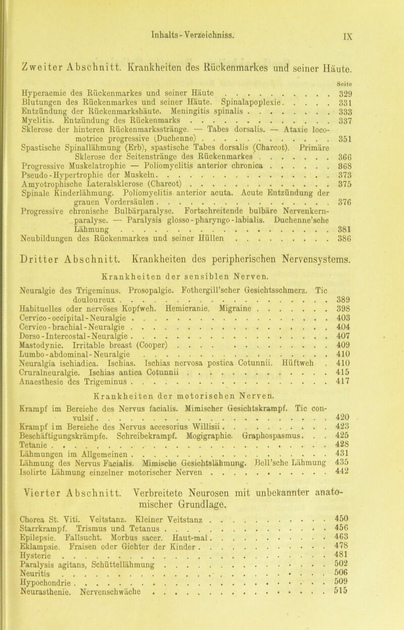 Zweiter Abschnitt. Krankheiten des Rückenmarkes und seiner Häute. Seite Hyperaemie des Rückenmarkes und seiner Häute 329 Blutungen des Rückenmarkes und seiner Häute. Spinalapoplexie 331 Entzündung der Rückenmarkshäute. Meningitis spinalis 333 Myelitis. Entzündung des Rückenmarks 337 Sklerose der hinteren Rückenmarksstränge. — Tabes dorsalis. — Ataxie loco- motrice progressive (.Duchenne) 351 Spastische Spinallähmung (Erb), spastische Tabes dorsalis (Charcot). Primäre Sklerose der Seitenstränge des Rückenmarkes 36G Progressive Muskelatroplne — Poliomyelitis anterior chronica 368 Pseudo-Hypertrophie der Muskeln 373 Amyotrophische Lateralsklerose (Charcot) 375 Spinale Kinderlähmung. Poliomyelitis anterior acuta. Acute Entzündung der grauen Vordersäulen 376 Progressive chronische Bulbärparalyse. Fortschreitende bulbäre Nervenkern- paralyse. — Paralysis glosso-pharyngo-labialis. Duchenne’sche Lähmung 381 Neubildungen des Rückenmarkes und seiner Hüllen 386 Dritter Abschnitt. Krankheiten des peripherischen Nervensystems. Krankheiten der sensiblen Nerven. Neuralgie des Trigeminus. Prosopalgie. Fothergill’scher Gesichtsschmerz. Tic douloureux 889 HabitueUes oder nervöses Kopfweh. Hemicranie. Migraine 398 Cervico - occipital - N euralgie 403 Cervico-brachial-Neuralgie 404 Dorso - Intercostal - Neuralgie 407 Mastodynie. Irritable breast (Cooper) .... 409 Lumbo- abdominal -Neuralgie 410 Neuralgia ischiadica. Ischias. Ischias nervosa postica Cotunnii. Hüftweh . 410 Cruralneuralgie. Ischias antiea Cotunnii 415 Anaesthesie des Trigeminus 417 Krankheiten der motorischen Nerven. Krampf im Bereiche des Nervus facialis. Mimischer Gesichtskrampf. Tic con- vulsif 420 Krampf im Bereiche des Nervus accesorius WiUisii 423 Beschäftigungskrämpfe. Schreibekrampf. Mogigraphie. Graphospasmus. . . 425 Tetanie 428 Lähmungen im Allgemeinen 431 Lähmung des Nervus Facialis. Mimische Gesichtslähmung. Bell’sche Lähmung 435 Isolirte Lähmung einzelner motorischer Nerven 442 Vierter Abschnitt. Verbreitete Neurosen mit unbekannter anato- mischer Grundlage. Chorea St. Viti. Veitstanz. Kleiner Veitstanz 450 Starrkrampf. Trismus und Tetanus 456 Epilepsie. Fallsucht. Morbus sacer. Haut-mal 463 Eklampsie. Fraisen oder Gichter der Kinder 478 Hysterie 481 Paralysis agitans, Schüttellähmung 502 Neuritis 506 Hypochondrie 509 Neurasthenie. Nervenschwäche 515