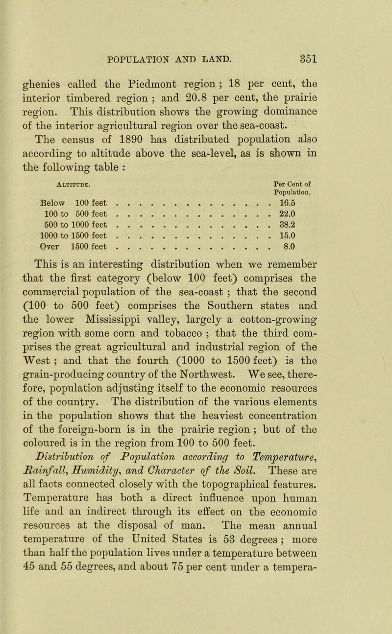 ghenies called the Piedmont region; 18 per cent, the interior timbered region ; and 20.8 per cent, the prairie region. This distribution shows the growing dominance of the interior agricultural region over the sea-coast. The census of 1890 has distributed population also according to altitude above the sea-level, as is shown in the following table : Altitude. Per Cent of Population. Below 100 feet 16.5 100 to 500 feet 22.0 500 to 1000 feet 38.2 1000 to 1500 feet 15.0 Over 1500 feet 8.0 This is an interesting distribution when we remember that the first category (below 100 feet) comprises the commercial population of the sea-coast ; that the second (100 to 500 feet) comprises the Southern states and the lower Mississippi valley, largely a cotton-growing region with some corn and tobacco ; that the third com- prises the great agricultural and industrial region of the West; and that the fourth (1000 to 1500 feet) is the grain-producing country of the Northwest. We see, there- fore, population adjusting itself to the economic resources of the country. The distribution of the various elements in the population shows that the heaviest concentration of the foreign-born is in the prairie region ; but of the coloured is in the region from 100 to 500 feet. Distribution of Population according to Temperature, Rainfall, Humidity, and Character of the Soil. These are all facts connected closely with the topographical features. Temperature has both a direct influence upon human life and an indirect through its effect on the economic resources at the disposal of man. The mean annual temperature of the United States is 53 degrees ; more than half the population lives under a temperature between 45 and 55 degrees, and about 75 per cent under a tempera-