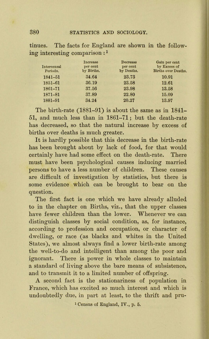 tinues. The facts for England are shown in the follow- ing interesting comparison:1 Increase Decrease Gain per cent Intercensal per cent per cent by Excess of Periods. by Births. by Deaths. Births over Deaths. 1841-51 34.64 23.73 10.91 1851-61 36.19 23.58 12.61 1861-71 37.56 23.98 13.58 1871-81 37.89 22.80 15.09 1881-91 34.24 20.27 13.97 The birth-rate (1881-91) is about the same as in 1841- 51, and much less than in 1861-71; but the death-rate has decreased, so that the natural increase by excess of births over deaths is much greater. It is hardly possible that this decrease in the birth-rate has been brought about by lack of food, for that would certainly have had some effect on the death-rate. There must have been psychological causes inducing married persons to have a less number of children. These causes are difficult of investigation by statistics, but there is some evidence which can be brought to hear on the question. The first fact is one which we have already alluded to in the chapter on Births, viz., that the upper classes have fewer children than the lower. Whenever we can distinguish classes by social condition, as, for instance, according to profession and occupation, or character of dwelling, or race (as blacks and whites in the United States), we almost always find a lower birth-rate among the well-to-do and intelligent than among the poor and ignorant. There is power in whole classes to maintain a standard of living above the bare means of subsistence, and to transmit it to a limited number of offspring. A second fact is the stationariness of population in France, which has excited so much interest and which is undoubtedly due, in part at least, to the thrift and pru- 1 Census of England, IV., p. 5.