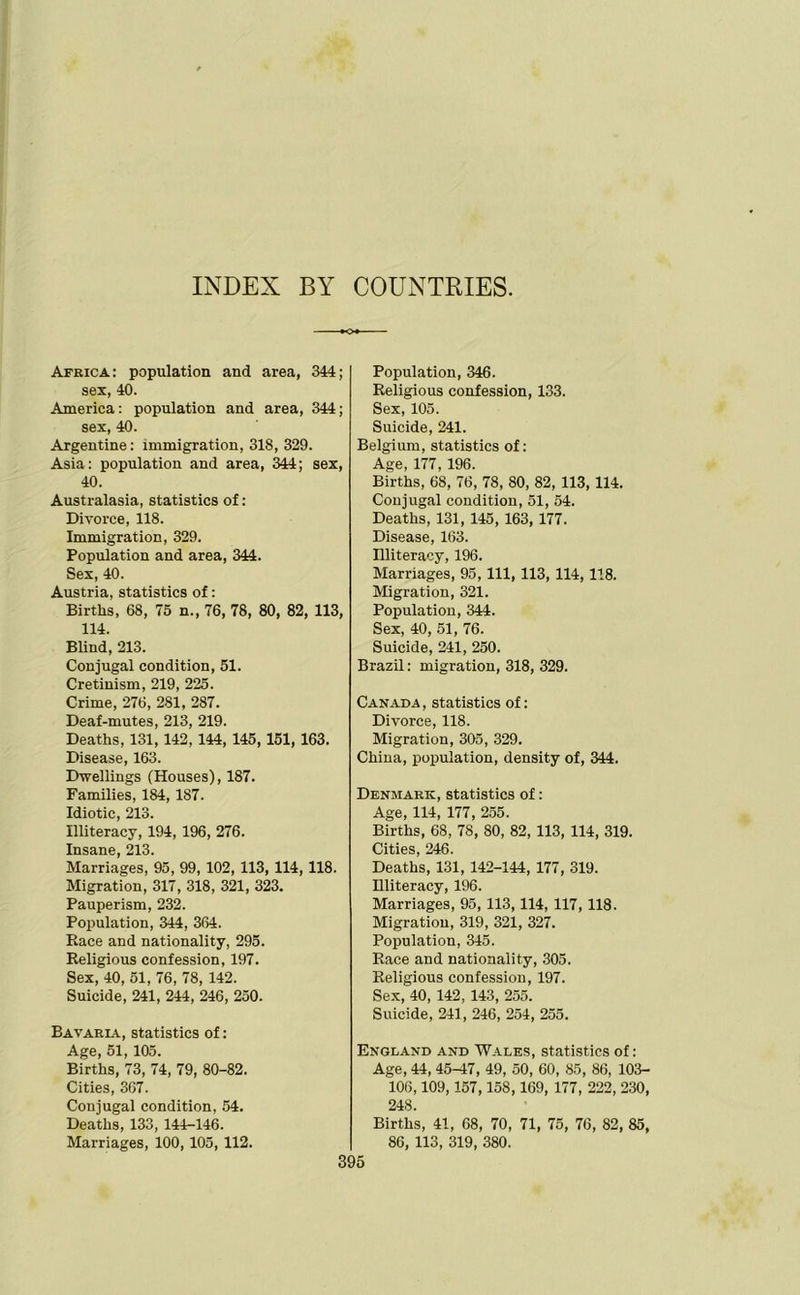 INDEX BY COUNTRIES. Africa: population and area, 344; sex, 40. America: population and area, 344; sex, 40. Argentine: immigration, 318 , 329. Asia: population and area, 344; sex, 40. Australasia, statistics of: Divorce, 118. Immigration, 329. Population and area, 344. Sex, 40. Austria, statistics of: Births, 68, 75 n., 76, 78, 80, 82, 113, 114. Blind, 213. Conjugal condition, 51. Cretinism, 219, 225. Crime, 276, 281, 287. Deaf-mutes, 213, 219. Deaths, 131, 142, 144, 145, 151, 163. Disease, 163. Dwellings (Houses), 187. Families, 184, 187. Idiotic, 213. Illiteracy, 194, 196, 276. Insane, 213. Marriages, 95, 99, 102, 113, 114, 118. Migration, 317, 318, 321, 323. Pauperism, 232. Population, 344, 364. Race and nationality, 295. Religious confession, 197. Sex, 40, 51, 76, 78, 142. Suicide, 241, 244, 246, 250. Bavaria, statistics of: Age, 51, 105. Births, 73, 74, 79, 80-82. Cities, 367. Conjugal condition, 54. Deaths, 133, 144-146. Marriages, 100, 105, 112. Population, 346. Religious confession, 133. Sex, 105. Suicide, 241. Belgium, statistics of: Age, 177, 196. Births, 68, 76, 78, 80, 82, 113, 114. Conjugal condition, 51, 54. Deaths, 131, 145, 163, 177. Disease, 163. Illiteracy, 196. Marriages, 95, 111, 113, 114, 118. Migration, 321. Population, 344. Sex, 40, 51, 76. Suicide, 241, 250. Brazil: migration, 318, 329. Canada , statistics of: Divorce, 118. Migration, 305, 329. China, population, density of, 344. Denmark, statistics of: Age, 114, 177, 255. Births, 68, 78, 80, 82, 113, 114, 319. Cities, 246. Deaths, 131, 142-144, 177, 319. Illiteracy, 196. Marriages, 95,113,114, 117,118. Migration, 319, 321, 327. Population, 345. Race and nationality, 305. Religious confession, 197. Sex, 40, 142, 143, 255. Suicide, 241, 246, 254, 255. England and Wales, statistics of: Age, 44, 45-47, 49, 50, 60, 85, 86, 103- 106,109,157,158,169, 177, 222, 230, 248. Births, 41, 68, 70, 71, 75, 76, 82, 85, 86, 113, 319, 380.