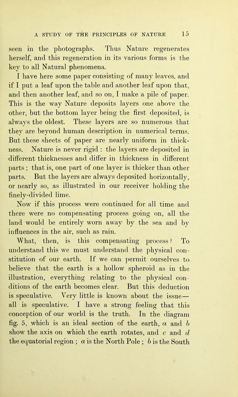 seen in the photographs. Thus Nature regenerates herself, and this regeneration in its various forms is the key to all Natural phenomena. I have here some paper consisting of many leaves, and if I put a leaf upon the table and another leaf upon that, and then another leaf, and so on, I make a pile of paper. This is the way Nature deposits layers one above the other, but the bottom layer being the first deposited, is always the oldest. These layers are so numerous that they are beyond human description in numerical terms. But these sheets of paper are nearly uniform in thick- ness. Nature is never rigid : the layers are deposited in different thicknesses and differ in thickness in different parts ; that is, one part of one layer is thicker than other parts. But the layers are always deposited horizontally, or nearly so, as illustrated in our receiver holding the finely-divided lime. Now if this process were continued for all time and there were no compensating process going on, all the land would be entirely worn away by the sea and by influences in the air, such as rain. What, then, is this compensating process? To understand this we must understand the physical con- stitution of our earth. If we can permit ourselves to believe that the earth is a hollow spheroid as in the illustration, everything relating to the physical con- ditions of the earth becomes clear. But this deduction is speculative. Very little is known about the issue — all is speculative. I have a strong feeling that this conception of our world is the truth. In the diagram fig. 5, which is an ideal section of the earth, a and b show the axis on which the earth rotates, and c and d the equatorial region ; a is the North Pole ; b is the South
