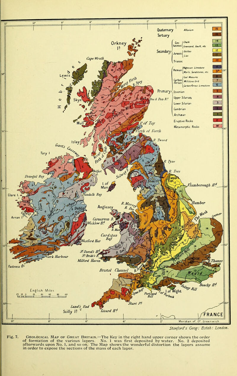 Stanford's Geog: Estab: London. Fig. 7. Geological Map of Great Britain.—The Key in the right hand upper corner shows the order of formation of the various layers. No. 1 was first deposited by water. No. 2 deposited afterwards upon No. 1, and so on. The Map shows the wonderful distortion the layers assume in order to expose the sections of the mass of each layer.