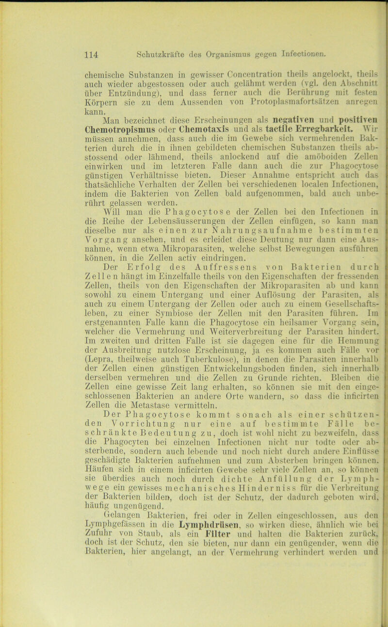 clieniisclie Substanzen in gewisser Concentration theils angelockt, theils auch wieder abgestossen oder auch gelähmt werden (vgl. den Abschnitt über Entzündung), und dass ferner auch die Berührung mit festen Körpern sie zu dem Aussenden von Ib-otoplasmafortsätzen anregeii kann. Man bezeichnet diese Erscheinungen als negativen und positiven Chemotropismus oder Chemotaxis und als tactile Erregbarkeit. Wir müssen annehmen, dass auch die im Gewebe sich vermehrenden Bak- terien durch die in ihnen gebildeten chemischen Substanzen theils ab- stossend oder lähmend, theils anlockend auf die amöboiden Zellen einwirken und im letzteren Falle dann auch die zur Phagoc}'tose günstigen Verhältnisse bieten. Dieser Annahme entspricht auch das thatsächliche Verhalten der Zellen bei verschiedenen localen Infectionen, indem die Bakterien von Zellen bald aufgenommen, bald auch unbe- rührt gelassen werden. Will man die Phagocytose der Zellen bei den Infectionen in die Reihe der Lebensäusserungen der Zellen einfügen, so kann man dieselbe nur als einen zur Nahrungsaufnahme bestimmten Vorgang ansehen, und es erleidet diese Deutung nur dann eine Aus- nahme, wenn etwa Mikroparasiten, welche selbst Bewegungen ausführen können, in die Zellen activ eindringen. Der Erfolg des Auffressens von Bakterien durch Zellen hängt im Einzelfalle theils von den Eigenschaften der fressenden Zellen, theils von den Eigenschaften der Mikroparasiten ab und kann sowohl zu einem Untergang und einer Auflösung der Parasiten, als auch zu einem Untergang der Zellen oder auch zu einem Gesellschafts- leben, zu einer Symbiose der Zellen mit den Parasiten führen. Im erstgenannten Falle kann die Phagocytose ein heilsamer Vorgang sein, welcher die Vermehrung und Weiterverbreitung der Parasiten hindert. Im zweiten und dritten Falle ist sie dagegen eine für die Hemmung der Ausbreitung nutzlose Erscheinung, ja es kommen auch Fälle vor (Lepra, theilweise auch Tuberkulose), in denen die Parasiten innerhalb der Zellen einen günstigen Entwickelungsboden linden, sich innerhalb derselben vermehren und die Zellen zu Grunde richten. Bleiben die Zellen eine gewisse Zeit lang erhalten, so können sie mit den einge- schlossenen Bakterien an andere Orte wandern, so dass die inticirten Zellen die Metastase vermitteln. Der Phagocytose kommt sonach als einer schützen- de n Vorrichtung nur eine auf bestimmte Fülle be- schränkte Bedeutung zu, doch ist wohl nicht zu bezweifeln, dass die Phagocyten bei einzelnen Infectionen nicht nur todte oder ab- sterbende, sondern auch lebende und noch nicht durch andere Einflüsse geschädigte Bakterien aufnehnien und zum Absterben bringen können. Häufen sich in einem inticirten Gewebe sehr viele Zellen an, so können sie überdies auch noch durch dichte Anfüllung der Lymi»h- w e g e ein gewisses mechanisches II i n d e r n i s s für die Verbreitung der Bakterien bilden, doch ist der Schutz, der dadurch geboten wircl. häufig ungenügend. Gelangen Bakterien, frei oder in Zellen eingeschlossen, aus den Lymphgefässen in die Lyiiiphdrüsoii, so wirken diese, ähnlich wie bei Zufuhr von Staub, als ein Filter und halten die Bakterien zurück, doch ist der Schutz, den sie bieten, nur dann ein genügender, wenn die Bakterien, hier angelangt, an der Vermehrung verhindert werden und