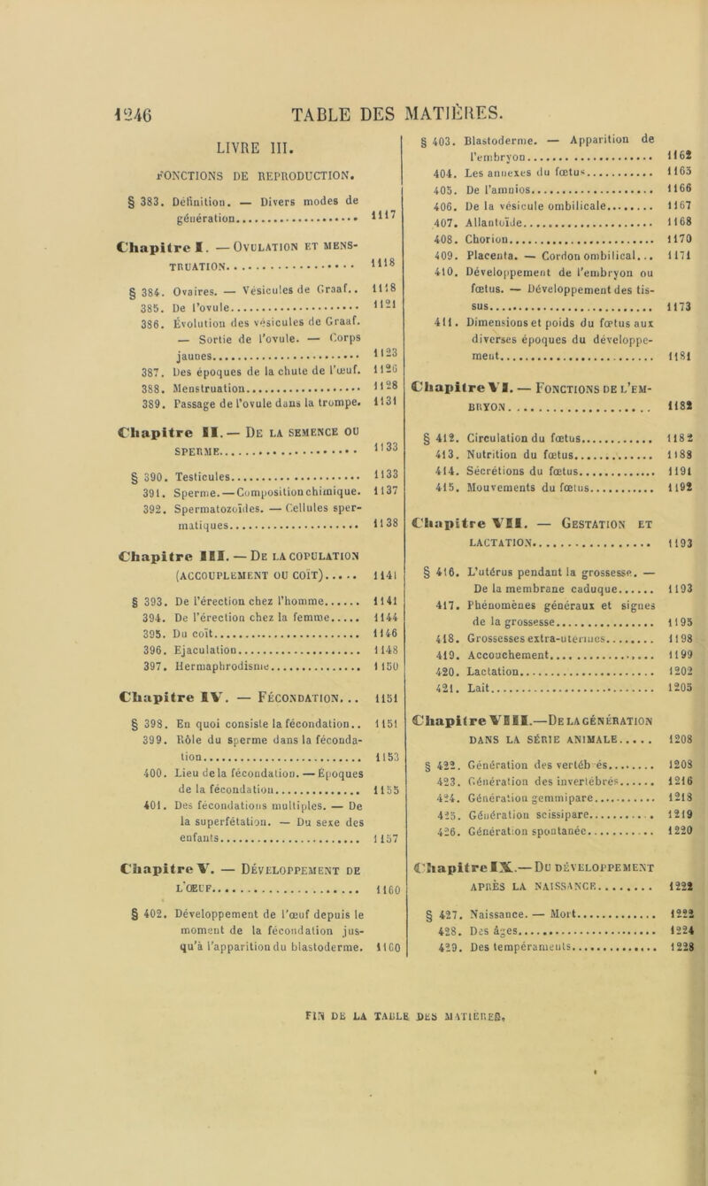 LIVRE 111. i-mCTIONS DE REPRODUCTION. § 383. Délinition. — Divers modes de génération Chapitre 1. —Ovulation et mens- truation § 384. Ovaires. — Vésicules de Craaf.. lliS 385. De l’ovule ^ 386. Évolution des vésicules de Graaf. — Sortie de l’ovule. — Corps jaunes 387. Des époques de la chute de l’uiuf. H2G 388. Menstruation 0 28 389. Passage de l’ovule dans la trompe. 1131 Chapitre II.— De la semence ou SPERME 0 33 § 390. Testicules 033 391. Sperme. — Composition chimique. 1137 392. Spermatozoïdes. — Cellules sper- initiques 0 38 Chapitre IBI. — De la copulation (accouplement ou coït) 1141 § 393. De l’érection chez l’homme 1141 394. De l'érection chez la femme 1144 395. Du coït 1146 396. Ejaculation 1148 397. Hermaphrodisme I 15U Chapitre IV. — Fécondation... iibl § 398. En quoi consiste la fécondation.. 1151 399. Rôle du sperme dans la féconda- tion 1153 400. Lieu de la fécondation. — Époques de la fécondation 1155 401. Des fécondations multiples. — De la superfétation. — Du sexe des enfants 1157 Chapitre V. — Développement de L'œuF 1160 § 402. Développement de l’œuf depuis le moment de la fécondation jus- qu’à l’apparition du blastoderme. 11 GO § 403. Blastoderme. — Apparition de l’embryon 116Î 404. Les annexes du fœtus 1165 405. De l’amnios 1166 406. De la vésicule ombilicale 1167 407. Allantoïde..... H68 408. Chorion 1170 409. Placenta. — Cordon ombilical... 1171 410. Développement de l’embryon ou fœtus. — Développement des tis- sus 1173 411. Dimensions et poids du fœtus aux diverses époques du développe- ment 1181 Chapitre VI. — Fonctions de l’em- bryon 1182 §412. Circulation du fœtus 1182 413. Nutrition du fœtus 1)88 414. Sécrétions du fœtus 1191 415. Mouvements du fœtus 1192 Chapitre VII. — Gestation et lactation 1193 § 416. L’utérus pendant la grossesse. — De la membrane caduque 1193 417. Phénomènes généraux et signes de la grossesse 1195 418. Grossessesextra-utenues 1198 419. Accouchement 1199 420. Lactation 1202 421. Lait 1205 Chapitre VIII.—De lagénération DANS LA SÉRIE ANIMALE 1208 § 422. Génération des vertéb es 1208 423. Génération des invertébrés 1216 424. Génération gemmipare 1218 425. Génération scissipare 1219 426. Génération spontanée 1220 4’hapitreIX.—Du développement APRÈS LA NAISSANCE 1222 § 427. Naissance.— Mort 1222 428. Des âges 1224 429. Des tempéraments 1228 n.N DE LA TAULE SES MATTÉRES.