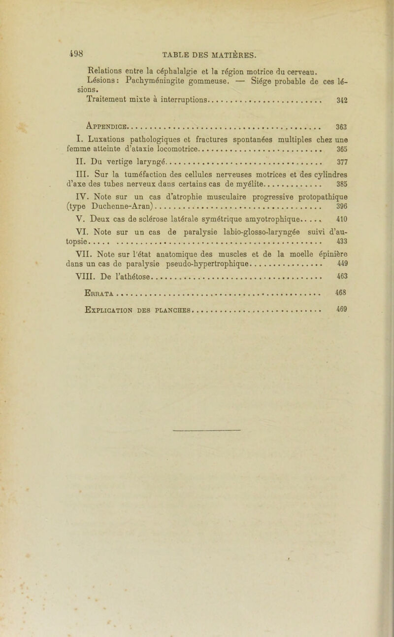 Relations entre la céphalalgie et la région motrice du cerveau. Lésions: Pachyméningite gommeuse. — Siège probable de ces lé- sions. Traitement mixte à interruptions 342 Appendice 363 I. Luxations pathologiques et fractures spontanées multiples chez une femme atteinte d’ataxie locomotrice 365 II. Du vertige laryDgé 377 III. Sur la tuméfaction des cellules nerveuses motrices et des cylindres d’axe des tubes nerveux dans certains cas de myélite 385 IV. Note sur un cas d’atrophie musculaire progressive protopathique (type Duchenne-Aran) 396 V. Deux cas de sclérose latérale symétrique amyotrophique 410 VI. Note sur un cas de paralysie labio-glosso-laryngée suivi d’au- topsie 433 VIL Note sur l'état anatomique des muscles et de la moelle épinière dans un cas de paralysie pseudo-hypertrophique 449 VIII. De l’athétose 463 Errata. 468 Explication des planches 469
