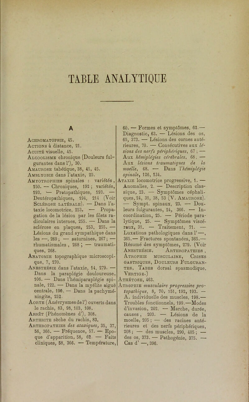 TABLE ANALYTIQUE A Achrohatopsie, 45. Actions à distance, 21. Acuité visuelle, 45. Alcoolisme chronique (Douleurs ful- gurantes dans 1’), 30. Amaurose tabétique, 38, 41, 45. Amblyobie dans l’ataxie, 25. Amyotrophies spinales : variétés, 150. — Chroniques, 192 ; variétés, 193. 1— Prstopathiques, 193. — Deutéropathiques, 194, 214 (Voir Sclérose latérale). — Dans l’a- taxie locomotrice, 253. — Propa- gation de la lésion par les filets ra- diculaires internes, 255. — Dans la sclérose en plaques, 253, 255. — Lésions du grand sympathique dans les •—, 269 ; — saturnines, 267 ; — rhumatismales , 268 ; — traumati- ques, 268. Anatomie topographique microscopi- que, 7, 270. Anesthésie dans l’ataxie, 14, 279. — Dans la paraplégie douloureuse, 106. — Dans l’hémiparaplégie spi- nale, 122. — Dans la myélite aiguë centrale, 190. — Dans la pachymé- ningite, 252. Aorte (Anévrysmes de 1’) ouverts dans le rachis, 83, 98, 103, 108. Arrêt (Phénomènes d’), 308. Arthrite sèche du rachis, 83. Arthropathies des ataxiques, 35, 37, 56, 366. — Fréquence, 57. — Epo- que d’apparition, 58, 62. — Faits cliniques, 58, 366. — Température, 60. — Formes et symptômes, 62.— Diagnostic, 63. — Lésions des os, 65, 373. — Lésions des cornes anté- rieures, 70. — Consécutives aux li- sions des nerfs périphériques, 67 ; — Aux hémiplégies cérébrales, 68, — Aux lésions traumatiques de la moelle, 68. — Dans Yhémiplégie spinale, 126, 134. Ataxie locomotrice progressive, 1. — Anomalies, 2. — Description clas- sique, 23. — Symptômes céphali- ques, 24, 31, 38, 53 (V. Amaurose). — Sympt. spinaux, 23. — Dou- leurs fulgurantes, 24, 366. — In- coordination, 25. — Période para- lytique, 25. — Symptômes viscé- raux, 31. — Traitement, 71. — Luxations pathologiques dans 1’—, 365.— Fractures spontanées, 365.— Résumé des symptômes, 279. (Voir Anesthésie, Arthropathies , Atrophie musculaire, Crises gastriques, Douleurs Fulguran- tes, Tabes dorsal spasmodique. Vertige.) Athétose, 463. Atrophie musculaire progressive pro- topathique, 8, 70, 151, 192, 193. — A. individuelle des muscles, 198.— Troubles fonctionnels, 199.—Modes d’invasion, 202. — Marche, durée, causes, 203. — Lésions de la moelle, 205 ; — des racines anté- rieures et des nerfs périphériques, 208 ; — des muscles, 290, 405 ; — des os, 373. — Pathogénie, 375. — Cas d' —, 396.
