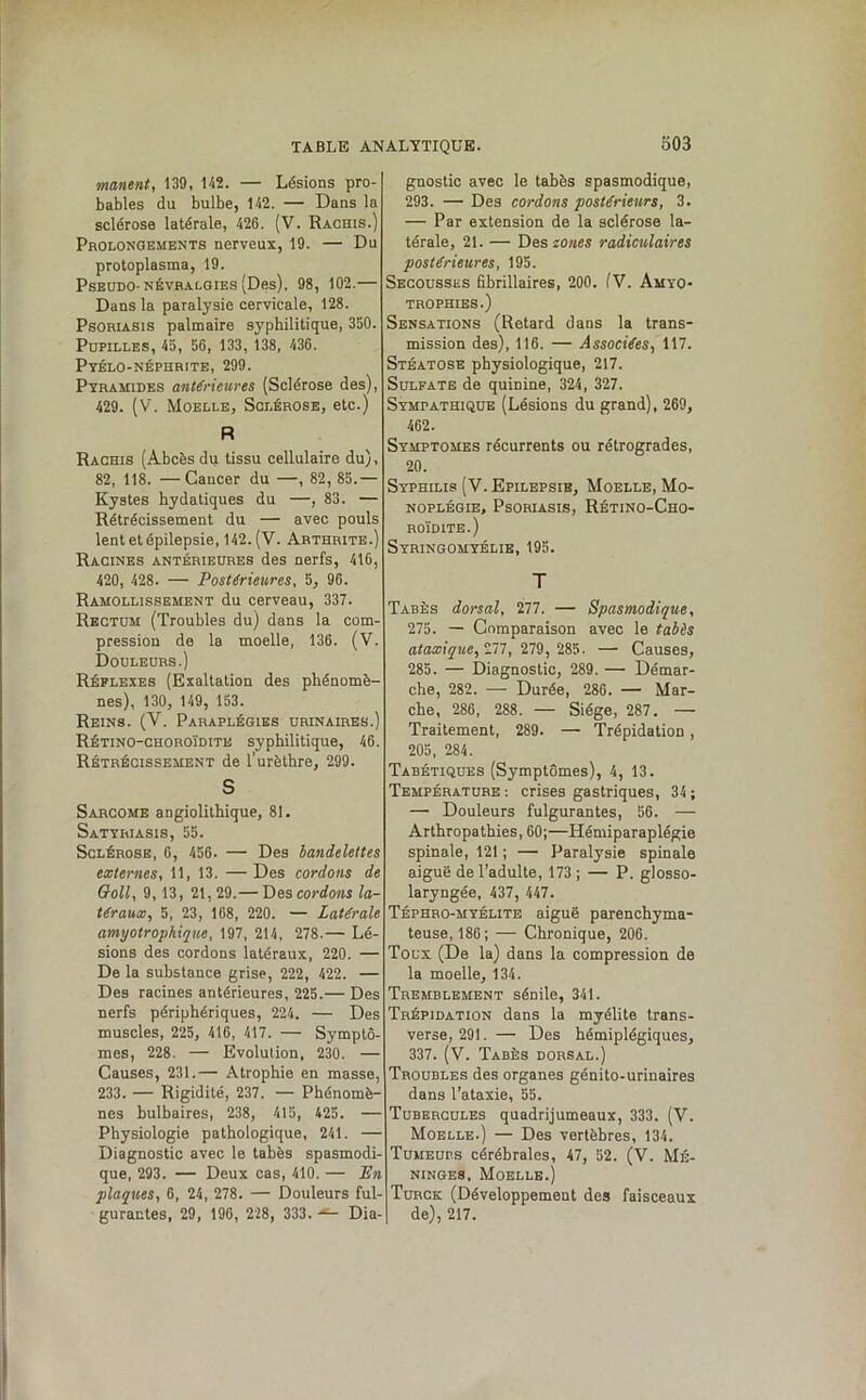 manent, 139, 142. — Lésions pro- bables du bulbe, 142. — Dans la sclérose latérale, 426. (V. Rachis.) Prolongements nerveux, 19. — Du protoplasma, 19. PSEUDO-NÉVRALGIES (Des), 98, 102. Dans la paralysie cervicale, 128. Psoriasis palmaire syphilitique, 350. Pupilles, 45, 56, 133, 138, 436. Pyélo-néphrite, 299. Pyramides antérieures (Sclérose des), 429. (V. Moelle, Sclérose, etc.) R Rachis (Abcès du tissu cellulaire du), 82, 118. —Cancer du —, 82, 85.— Kystes hydatiques du —, 83. — Rétrécissement du — avec pouls lent et épilepsie, 142. (V. Arthrite.) Racines antérieures des nerfs, 416, 420, 428. — Postérieures, 5, 96. Ramollissement du cerveau, 337. Rectum (Troubles du) dans la com- pression de la moelle, 136. (V. Douleurs.) Réflexes (Exaltation des phénomè- nes), 130, 149, 153. Reins. (Y. Paraplégies urinaires.) Rétino-choroïdite syphilitique, 46. Rétrécissement de l’urèthre, 299. S Sarcome angiolithique, 81. Satyriasis, 55. Sclérose, 6, 456. — Des bandelettes externes, 11, 13. —Des cordons de Goll, 9,13, 21, 29.— Des cordons la- téraux, 5, 23, 168, 220. — Latérale amyotrophique, 197, 214, 278.— Lé- sions des cordons latéraux, 220. — De la substance grise, 222, 422. — Des racines antérieures, 225.— Des nerfs périphériques, 224. — Des muscles, 225, 416, 417. — Symptô- mes, 228. — Evolution, 230. — Causes, 231.— Atrophie en masse, 233. — Rigidité, 237. — Phénomè- nes bulbaires, 238, 415, 425. — Physiologie pathologique, 241. — Diagnostic avec le tabès spasmodi- que, 293. — Deux cas, 410. — En plaques, 6, 24, 278. — Douleurs ful- gurantes, 29, 196, 228, 333. Dia- gnostic avec le tabès spasmodique, 293. — Des cordons postérieurs, 3. — Par extension de la sclérose la- térale, 21. — Des zones radiculaires postérieures, 195. Secousses fibrillaires, 200. (V. Amyo- trophies.) Sensations (Retard dans la trans- mission des), 116. — Associées, 117. Stéatose physiologique, 217. Sulfate de quinine, 324, 327. Sympathique (Lésions du grand), 269, 462. Symptômes récurrents ou rétrogrades, 20. Syphilis (V. Epilepsie, Moelle, Mo- noplégie, Psoriasis, Rétino-Cho- ROÏD1TE.) Syringomyélie, 195. T Tabès dorsal, 277. — Spasmodique, 275. — Comparaison avec le tabès ataxique, 277, 279, 285. — Causes, 285. — Diagnostic, 289. — Démar- che, 282. — Durée, 286. — Mar- che, 286, 288. — Siège, 287. — Traitement, 289. — Trépidation , 205, 284. Tabétiques (Symptômes), 4, 13. Température : crises gastriques, 34 ; — Douleurs fulgurantes, 56. — Arthropathies, 60;—Hémiparaplégie spinale, 121 ; — Paralysie spinale aiguë de l’adulte, 173 ; — P. glosso- laryngée, 437, 447. Téphro-myélite aiguë parenchyma- teuse, 186; — Chronique, 206. Toux (De la) dans la compression de la moelle, 134. Tremblement sénile, 341. Trépidation dans la myélite trans- verse, 291.— Des hémiplégiques, 337. (V. Tabès dorsal.) Troubles des organes génito-urinaires dans l’ataxie, 55. Tubercules quadrijumeaux, 333. (Y. Moelle.) — Des vertèbres, 134. Tumeurs cérébrales, 47, 52. (V. Mé- ninges, Moelle.) Turck (Développement des faisceaux de), 217.