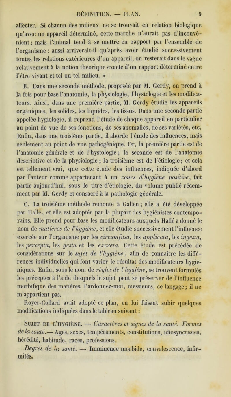 affecter. Si chacun des milieux ue se trouvait en relation biologique qu’avec un appareil déterminé, cette marche n’aurait pas d’inconvé- nient ; mais l’animal tend à se mettre en rapport par l’ensemble de l’organisme : aussi arriverait-il qu’après avoir étudié successivement toutes les relations extérieures d’un appareil, on resterait dans le vague relativement à la notion théorique exacte d’un rapport déterminé entre l’être vivant et tel ou tel milieu. » B. Dans une seconde méthode, proposée par M. Gerdy, on prend à la fois pour base l’anatomie, la physiologie, l’hystologie et les modifica- teurs. Ainsi, dans une première partie, M. Gerdy étudie les appareils organiques, les solides, les liquides, les tissus. Dans une seconde partie appelée hygiologie, il reprend l’étude de chaque appareil en particulier au point de vue de ses fonctions, de ses anomalies, de ses variétés, etc. Enfin, dans une troisième partie, il aborde l’étude des influences, mais seulement au point de vue pathogénique. Or, la première partie est de l’anatomie générale et de l’hystologie ; la seconde est de l’anatomie descriptive et de la physiologie ; la troisième est de l’étiologie; et cela est tellement vrai, que cette étude des influences, indiquée d’abord par Fauteur comme appartenant à un cours d’hygiène positive, fait partie aujourd’hui, sous le titre d’étiologie, du volume publié récem- ment par M. Gerdy et consacré à la pathologie générale. G. La troisième méthode remonte à Galien ; elle a été développée par Hallé, et elle est adoptée par la plupart des hygiénistes contempo- rains. Elle prend pour base les modificateurs auxquels Hallé a donné le nom de matières de l’hygiène, et elle étudie successivement l’influence exercée sur l’organisme par les circumfusa, les applicata, les ingesta, les perceptci, les gesta et les excreta. Cette étude est précédée de considérations sur le sujet de l’hygiène, afin de connaître les diffé- rences individuelles qui font varier le résultat des modificateurs hygié- niques. Enfin, sous le nom de règles de l’hygiène, se trouvent formulés les préceptes à l’aide desquels le sujet peut se préserver de l’influence morbifique des matières. Pardonnez-moi, messieurs, ce langage; il ne m’appartient pas. Royer-Collard avait adopté ce plan, en lui faisant subir quelques modifications indiquées dans le tableau suivant : Sujet de l’hygiène. — Caractères et signes de la santé. Formes de la santé.— Ages, sexes, tempéraments, constitutions, idiosyncrasies, hérédité, habitude, races, professions. Degrés de la santé. — Imminence morbide, convalescence, infir- mités.