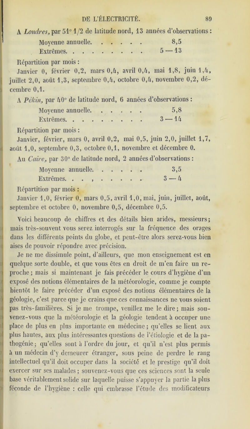 A Londres, par 51° 1/2 de latitude nord, 13 années d’observations : Moyenne annuelle 8,5 Extrêmes 5 — 13 Répartition par mois : Janvier 0, février 0,2, mars 0,6, avril 0,4, mai 1,8, juin 1,4, juillet 2,0, août 1,3, septembre 0,4, octobre 0,4, novembre 0,2, dé- cembre 0,1. A Pékin, par 40° de latitude nord, 6 années d’observations : Moyenne annuelle 5,8 Extrêmes 3 — 14 Répartition par mois : Janvier, février, mars 0, avril 0,2, mai 0,5, juin 2,0, juillet 1,7, août 1,0, septembre 0,3, octobre 0,1, novembre et décembre 0. Au Caire, par 30° de latitude nord, 2 années d’observations : Moyenne annuelle 3,5 Extrêmes. . . , 3 — 4 Répartition par mois : Janvier 1,0, février 0, mars 0,5, avril 1,0, mai, juin, juillet, août, septembre et octobre 0, novembre 0,5, décembre 0,5. Yoici beaucoup de chiffres et des détails bien arides, messieurs; mais très-souvent vous serez interrogés sur la fréquence des orages dans les différents points du globe, et peut-être alors serez-vous bien aises de pouvoir répondre avec précision. Je ne me dissimule point, d’ailleurs, que mon enseignement est en quelque sorte double, et que vous êtes en droit de m’en faire un re- proche ; mais si maintenant je fais précéder le cours d’hygiène d’un exposé des notions élémentaires de la météorologie, comme je compte bientôt le faire précéder d’un exposé des notions élémentaires de la géologie, c’est parce que je crains que ces connaissances ne vous soient pas très-familières. Si je me trompe, veuillez me le dire; mais sou- venez-vous que la météorologie et la géologie tendent h occuper une place de plus en plus importante en médecine ; qu’elles se lient aux plus hautes, aux plus intéressantes questions de l’étiologie et de la pa- thogénie ; qu’elles sont à l’ordre du jour, et qu’il n’est plus permis à un médecin d’y demeurer étranger, sous peine de perdre le rang intellectuel qu’il doit occuper dans la société et le prestige qu’il doit exercer sur ses malades ; souvenez-vous que ces sciences sont la seule base véritablement solide sur laquelle puisse s’appuyer la partie la plus féconde de l’hygiène : celle qui embrasse l’étude des modificateurs