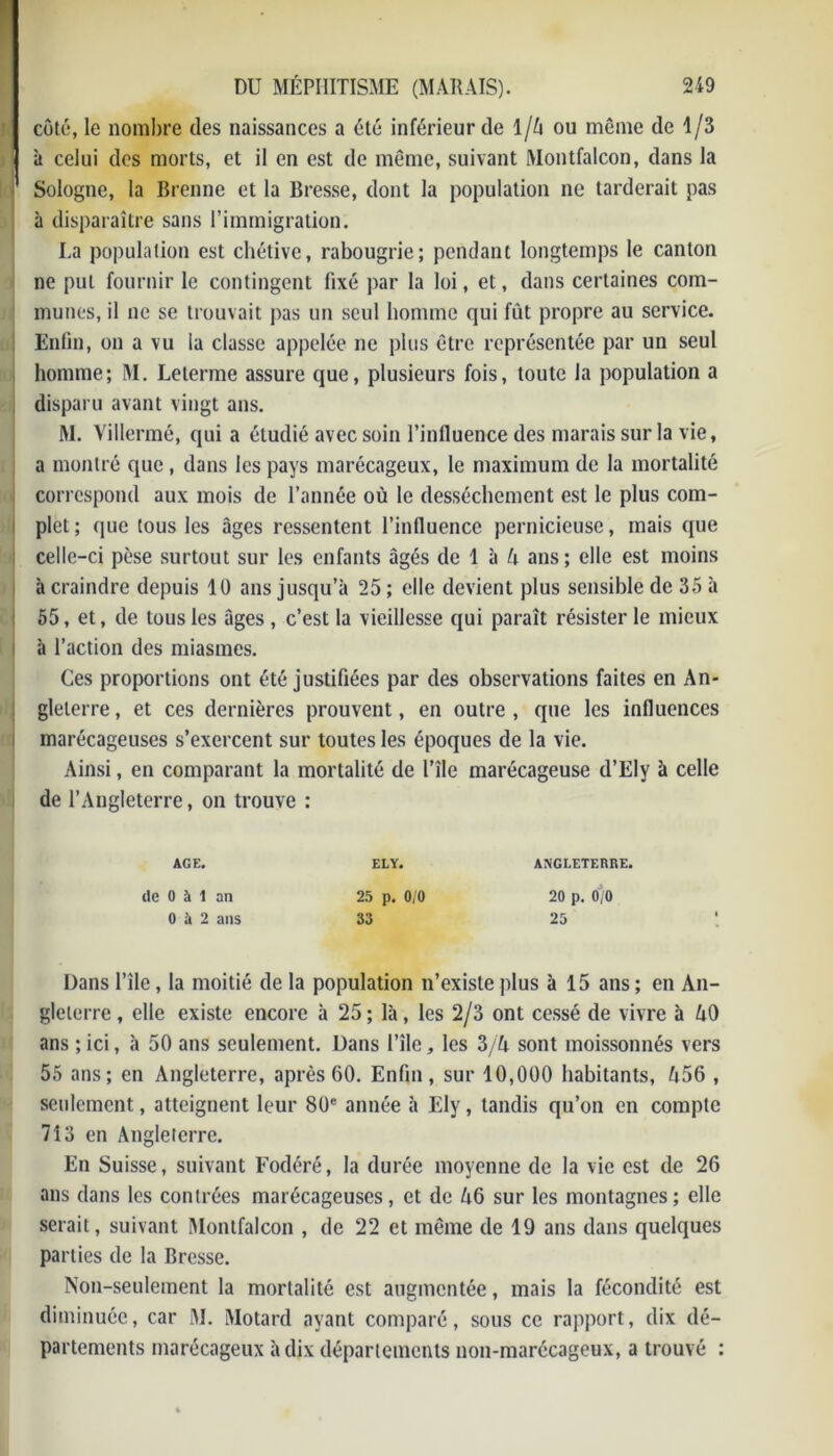 côté, le nombre des naissances a été inférieur de 1/A ou même de 1/3 à celui des morts, et il en est de même, suivant Montfalcon, dans la Sologne, la Brenne et la Bresse, dont la population ne tarderait pas à disparaître sans l’immigration. La population est chétive, rabougrie; pendant longtemps le canton ne put fournir le contingent fixé par la loi, et, dans certaines com- munes, il ne se trouvait pas un seul homme qui fût propre au service. Enfin, on a vu ia classe appelée 11e plus être représentée par un seul homme; M. Leterme assure que, plusieurs fois, toute la population a disparu avant vingt ans. M. Villermé, qui a étudié avec soin l’influence des marais sur la vie, a montré que , dans les pays marécageux, le maximum de la mortalité correspond aux mois de l’année où le dessèchement est le plus com- plet; que tous les âges ressentent l’influence pernicieuse, mais que celle-ci pèse surtout sur les enfants âgés de 1 à A ans; elle est moins à craindre depuis 10 ans jusqu’à 25 ; elle devient plus sensible de 35 à 55, et, de tous les âges , c’est la vieillesse qui paraît résister le mieux à l’action des miasmes. Ces proportions ont été justifiées par des observations faites en An- gleterre , et ces dernières prouvent, en outre , que les influences marécageuses s’exercent sur toutes les époques de la vie. Ainsi, en comparant la mortalité de l’île marécageuse d’Ely à celle de l’Angleterre, on trouve : AGE. ELY. ANGLETERRE. de 0 à 1 an 25 p. 0/0 20 p. 0/0 0 à 2 ans 33 25 Dans l’île, la moitié de la population n’existe plus à 15 ans ; en An- gleterre, elle existe encore à 25; là, les 2/3 ont cessé de vivre à A0 ans ; ici, à 50 ans seulement. Dans l’île, les 3/A sont moissonnés vers 55 ans; en Angleterre, après 60. Enfin, sur 10,000 habitants, A56 , seulement, atteignent leur 80e année à Ely, tandis qu’on en compte 7Î3 en Angleterre. En Suisse, suivant Fodéré, la durée moyenne de la vie est de 26 ans dans les contrées marécageuses, et de A6 sur les montagnes; elle serait, suivant Montfalcon , de 22 et même de 19 ans dans quelques parties de la Bresse. Non-seulement la mortalité est augmentée, mais la fécondité est diminuée, car M. Motard ayant comparé, sous ce rapport, dix dé- partements marécageux à dix départements non-marécageux, a trouvé :