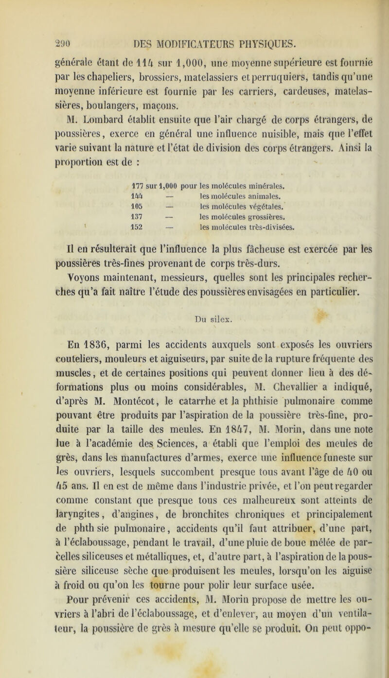 générale étant de 11 h sur 1,000, une moyenne supérieure est fournie par les chapeliers, brossiers, matelassiers et perruquiers, tandis qu’une moyenne inférieure est fournie par les carriers, cardeuses, matelas- sières, boulangers, maçons. M. Lombard établit ensuite que l’air chargé de corps étrangers, de poussières, exerce en général une influence nuisible, mais que l’effet varie suivant la nature et l’état de division des corps étrangers. Ainsi la proportion est de : 177 sur 1,000 pour les molécules minérales. 1UU — les molécules animales. 105 — les molécules végétales. 137 — les molécules grossières. 152 — les molécules très-divisées. Il en résulterait que l’influence la plus fâcheuse est exercée par les poussières très-fines provenant de corps très-durs. Voyons maintenant, messieurs, quelles sont les principales recher- ches qu’a fait naître l’étude des poussières envisagées en particulier. Du silex. En 1836, parmi les accidents auxquels sont exposés les ouvriers couteliers, mouleurs et aiguiseurs, par suite de la rupture fréquente des muscles, et de certaines positions qui peuvent donner lieu à des dé- formations plus ou moins considérables, M. Chevallier a indiqué, d’après M. Montécot, le catarrhe et la phthisie pulmonaire comme pouvant être produits par l’aspiration de la poussière très-fine, pro- duite par la taille des meules. En 1847, M. Morin, dans une note lue à l’académie des Sciences, a établi que l’emploi des meules de grès, dans les manufactures d’armes, exerce une influence funeste sur les ouvriers, lesquels succombent presque tous avant l’âge de AO ou A5 ans. Il en est de même dans l’industrie privée, et l’on peut regarder comme constant que presque tous ces malheureux sont atteints de laryngites, d’angines, de bronchites chroniques et principalement de phth sie pulmonaire, accidents qu’il faut attribuer, d’une part, à l’éclaboussage, pendant le travail, d’une pluie de boue mêlée de par- celles siliceuses et métalliques, et, d’autre part, à l’aspiration de la pous- sière siliceuse sèche que produisent les meules, lorsqu’on les aiguise à froid ou qu’on les tourne pour polir leur surface usée. Pour prévenir ces accidents, M. Morin propose de mettre les ou- vriers à l’abri de l’éclaboussage, et d’enlever, au moyen d’un ventila- teur, la poussière de grès à mesure qu’elle se produit. On peut oppo-