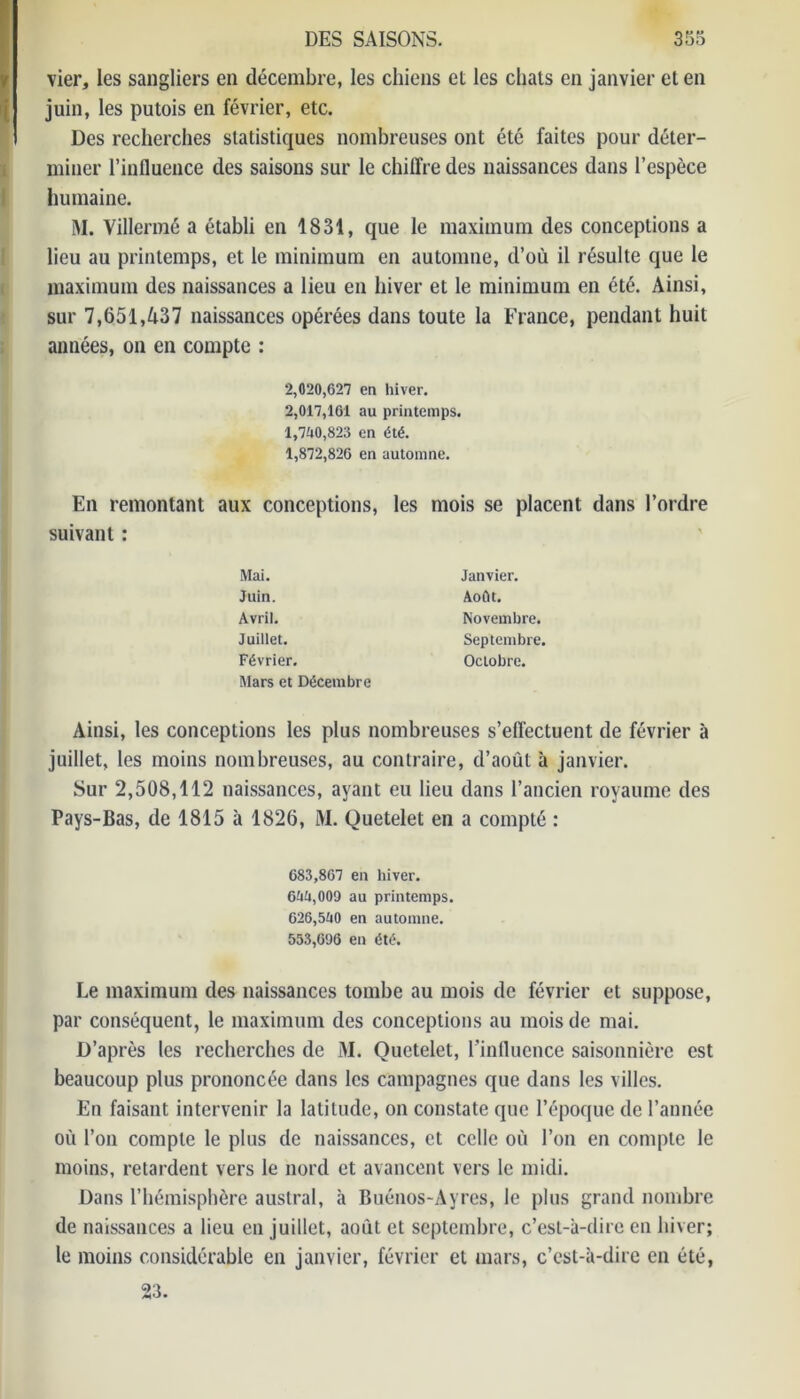 vier, les sangliers en décembre, les chiens et les chats en janvier et en juin, les putois en février, etc. Des recherches statistiques nombreuses ont été faites pour déter- miner l’influence des saisons sur le chiffre des naissances dans l’espèce humaine. M. Villermé a établi en 1831, que le maximum des conceptions a lieu au printemps, et le minimum en automne, d’où il résulte que le maximum des naissances a lieu en hiver et le minimum en été. Ainsi, sur 7,651,437 naissances opérées dans toute la France, pendant huit années, on en compte : 2,020,627 en hiver. 2,017,161 au printemps. 1,700,823 en été. 1,872,826 en automne. En remontant aux conceptions, les mois se placent dans l’ordre suivant : Mai. Janvier. Juin. Août. Avril. Novembre. Juillet. Septembre. Février. Octobre. Mars et Décembre Ainsi, les conceptions les plus nombreuses s’effectuent de février à juillet, les moins nombreuses, au contraire, d’août à janvier. Sur 2,508,112 naissances, ayant eu lieu dans l’ancien royaume des Pays-Bas, de 1815 à 1826, M. Quetelet en a compté : 683,867 en hiver. 600,009 au printemps. 626,500 en automne. 553,696 en été. Le maximum des naissances tombe au mois de février et suppose, par conséquent, le maximum des conceptions au mois de mai. D’après les recherches de M. Quetelet, l’influence saisonnière est beaucoup plus prononcée dans les campagnes que dans les villes. En faisant intervenir la latitude, on constate que l’époque de l’année où l’on compte le plus de naissances, et celle où l’on en compte le moins, retardent vers le nord et avancent vers le midi. Dans l’hémisphère austral, à Buénos-Ayres, le plus grand nombre de naissances a lieu en juillet, août et septembre, c’est-à-dire en hiver; le moins considérable en janvier, février et mars, c’est-à-dire en été, 23.