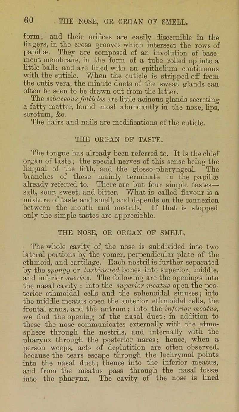 THE NOSE, OE OEGAN OF SMELL. form; and their orifices are easily discernible in the fingers, in the cross grooves which intersect the rows of papilke. They are composed of an involution of base- ment membrane, in the form of a tube rolled up into a little ball; and are lined with an epithelium continuous with the cuticle. When the cuticle is stripped off from the cutis vera, the minute ducts of the sweat glands can often be seen to be drawn out from the latter. The sebaceous follicles are little acinous glands secreting a fatty matter, found most abundantly in the nose, bps, scrotum, &c. The hairs and nails are modifications of the cuticle. THE OEGAN OF TASTE. The tongue has already been referred to. It is the chief organ of taste; the special nerves of this sense being the lingual of the fifth, and the glosso-pharyngeal. The branches of these mainly terminate in the papilke already referred to. There are but four simple tastes—• salt, sour, sweet, and bitter. What is called flavour is a mixture of taste and smell, and depends on the connexion between the mouth and nostrils. If that is stopped only the simple tastes are appreciable. THE NOSE, OE OEGAN OF SMELL. The whole cavity of the nose is subdivided into two lateral portions by the vomer, perpendicular plate of the ethmoid, and cartilage. Each nostril is further separated by the spongy or turbinated bones into superior, middle, and inferior meatus. The following are the openings into the nasal cavity : into the superior meatus open the pos- terior ethmoidal cells and the sphenoidal sinuses; into the middle meatus open the anterior ethmoidal cells, the frontal sinus, and the antrum ; into the inferior meatus, we find the opening of the nasal duct: in addition to these the nose communicates externally with the atmo- sphere through the nostrils, and internally with the pharynx through the posterior nares; hence, when a person weeps, acts of deglutition are often observed, because the tears escape through the lachrymal points into the nasal duct; thence into the inferior meatus, and from the meatus pass through the nasal fossae into the pharynx. The cavity of the nose is lined