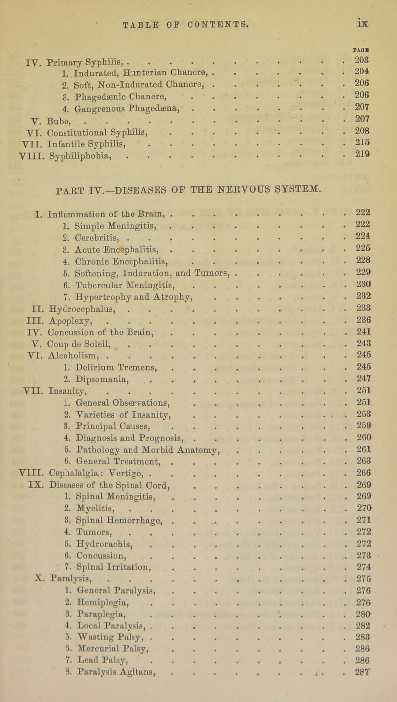 PAQI IV. Primary Syphilis, 203 1. Indurated, Hunterian Chancre, 204 2. Soft, Non-Indurated Chancre, . . . . • • 206 3. Phagedamic Chancre, ........ 206 4. Gangrenous Phagedsena, 207 V. Buho 207 VI. Constitutional Syphilis, . • • 208 VII. Infantile Syphilis, 216 VIII. Syphiliphobia, 219 PAET IV.—DISEASES OE THE NEKVOTJS SYSTEM. I. Inflammation of the Brain, 222 1. Simple Meningitis, ......... 222 2. Cerebritis, 224 3. Acute Encephalitis, 226 4. Chronic Encephalitis, ........ 228 6. Softening, Induration, and Tumors, 229 6. Tubercular Meningitis, ........ 230 7. Hypertrophy and Atrophy, ....... 232 II. Hydrocephalus, 233 III. Apoplexy, 236 IV. Concussion of the Brain, ......... 241 V. Coup de Soleil, 243 VI. Alcoholism, 245 1. Delirium Tremens, 246 2. Dipsomania, . . 247 VII. Insanity 261 1. General Observations, 261 2. Varieties of Insanity, 263 3. Principal Causes, 269 4. Diagnosis and Prognosis, , . . . 260 6. Pathology and Morbid Anatomy, 261 6. General Treatment, 263 VIII. Cephalalgia: Vertigo, .......... 266 IX. Diseases of the Spinal Cord, 269 1. Spinal Meningitis, 269 2. Myelitis, 270 3. Spinal Hemorrhage, 271 4. Tumors, 272 6. Hydrorachis, 272 6. Concussion, 273 7. Spinal Irritation, 274 X. Paralysis, 276 1. General Paralysis, 276 2. Hemiplegia, 276 8. Paraplegia, 280 4. Local Paralysis, 282 6. Wasting Palsy 288 6. Mercurial Palsy, ......... 286 7. Lead Palsy, 286 8. Paralysis Agitans, . . 287