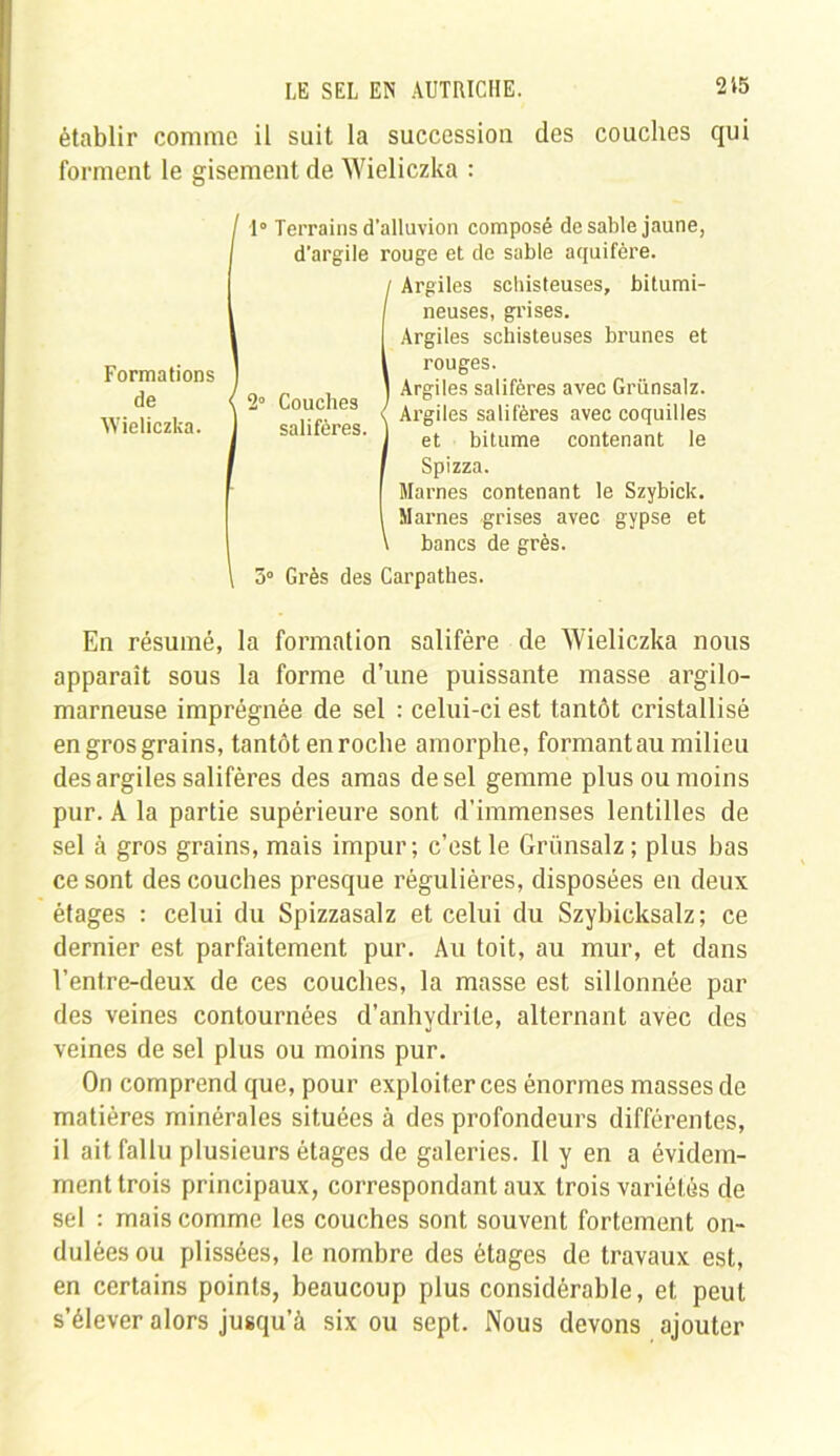 établir comme il suit la succession des couches qui forment le gisement de Wieliczka : 1° Terrains d'alluvion composé de sable jaune, d'argile rouge et de sable aquifère. (Argiles schisteuses, bitumi- neuses, grises. Argiles schisteuses brunes et rouges. Argiles salifères avec Grünsalz. Argiles salifères avec coquilles et bitume contenant le Spizza. Marnes contenant le Szybick. Marnes grises avec gypse et bancs de grès. \ 3° Grès des Carpathes. En résumé, la formation salifère de Wieliczka nous apparaît sous la forme d’une puissante masse argilo- marneuse imprégnée de sel : celui-ci est tantôt cristallisé en gros grains, tantôt en roche amorphe, formant au milieu des argiles salifères des amas de sel gemme plus ou moins pur. A la partie supérieure sont d’immenses lentilles de sel à gros grains, mais impur; c’est le Grünsalz; plus bas ce sont des couches presque régulières, disposées en deux étages : celui du Spizzasalz et celui du Szybicksalz; ce dernier est parfaitement pur. Au toit, au mur, et dans l’entre-deux de ces couches, la masse est sillonnée par des veines contournées d’anhydrite, alternant avec des veines de sel plus ou moins pur. On comprend que, pour exploiter ces énormes masses de matières minérales situées à des profondeurs différentes, il ait fallu plusieurs étages de galeries. Il y en a évidem- ment trois principaux, correspondant aux trois variétés de sel : mais comme les couches sont souvent fortement on- dulées ou plissées, le nombre des étages de travaux est, en certains points, beaucoup plus considérable, et peut s’élever alors jusqu’à six ou sept. Nous devons ajouter Formations de Wieliczka.