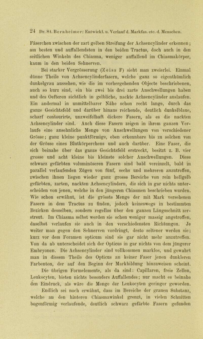 Fäserchen zwischen der zart gelben Streifung der Achsencylinder erkennen ; am besten und auffallendsten in den beiden Tractus, doch auch in den seitlichen Winkeln des Chiasma, weniger auffallend im Chiasmakörper, kaum in den beiden Sehnerven. Bei starker Vergrösserung (Zeiss F) sieht man zweierlei. Einmal i dünne Theile von Achsencylinderfasern, welche ganz so eigenthümlich dunkelgrau aussehen, wie die im vorhergehenden Objecte beschriebenen, auch so kurz sind, ein bis zwei bis drei zarte Anschwellungen haben und des Oefteren sichtlich in gelbliche, nackte Achsencylinder auslaufen. Ein andermal in unmittelbarer Nähe schon recht lange, durch das ganze Gesichtsfeld und darüber hinaus reichende, deutlich dunkelblaue, scharf contourirte, unzweifelhaft dickere Fasern, als es die nackten Achsencylinder sind. Auch diese Fasern zeigen in ihrem ganzen Ver- laufe eine ansehnliche Menge von Anschwellungen von verschiedener Grösse; ganz kleine punktförmige, eben erkennbare bis zu solchen von der Grösse eines Blutkörperchens und auch darüber. Eine Faser, die sich beinahe über das ganze Gesichtsfeld erstreckt, besitzt z. B. vier grosse und acht kleine bis kleinste solcher Anschwellungen. Diese schwarz gefärbten voluminöseren Fasern sind bald vereinzelt, bald in parallel verlaufenden Zügen von fünf, sechs und mehreren anzutreffen, zwischen ihnen liegen wieder ganz grosse Bereiche von rein hellgelb gefärbten, zarten, nackten Achsencylindern, die sich in gar nichts unter- scheiden von jenen, welche in den jüngeren Chiasmen beschrieben wurden. Wie schon erwähnt, ist die grösste Menge der mit Mark versehenen Fasern in dem Tractus zu finden, jedoch keineswegs in bestimmten Bezirken desselben, sondern regellos über den ganzen Längsschnitt zer- streut. Im Chiasma selbst werden sie schon weniger massig angetroffen, daselbst verlaufen sie auch in den verschiedensten Richtungen. Je weiter man gegen den Sehnerven vordringt, desto seltener werden sie; kurz vor dem Foramen opticum sind sie gar nicht mehr anzutreffen. Von da ab unterscheidet sich der Opticus in gar nichts von dem jüngerer Embryonen. Die Achsencylinder sind vollkommen marklos, und gewahrt man in diesem Theile des Opticus an keiner Faser jenen dunkleren Farbenton, der auf den Beginn der Markbildung hinzuweisen scheint. Die übrigen Formelemente, als da sind: Capillaren, freie Zellen, Leukocyten, bieten nichts besonders Auffallendes; nur macht es beinahe den Eindruck, als wäre die Menge der Leukocyten geringer geworden. Endlich sei noch erwähnt, dass im Bereiche der grauen Substanz, welche an den hinteren Chiasmawinkel grenzt, in vielen Schnitten bogenförmig verlaufende, deutlich schwarz gefärbte Fasern gefunden