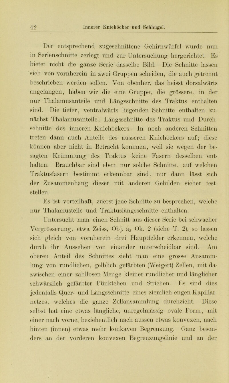 Der entsprechend zugeschnittene Gehirnwürfel wurde nun in Serienschnitte zerlegt und zur Untersuchung hergerichtet. Es bietet nicht die ganze Serie dasselbe Bild. Die Schnitte lassen sich von vornherein in zwei Gruppen scheiden, die auch getrennt beschrieben werden sollen. Von obenher, das heisst dorsalwärts angefangen, haben wir die eine Gruppe, die grössere, in der nur Thalamusanteile und Längsschnitte des Traktus enthalten sind. Die tiefer, ventralwärts liegenden Schnitte enthalten zu- nächst Thalamusanteile, Längsschnitte des Traktus und Durch- schnitte des inneren Kniehöckers. In noch anderen Schnitten treten dann auch Anteile des äusseren Kniehöckers auf; diese können aber nicht in Betracht kommen, weil sie wegen der be- sagten Krümmung des Traktus keine Fasern desselben ent- halten. Brauchbar sind eben nur solche Schnitte, auf welchen Traktusfasern bestimmt erkennbar sind, nur dann lässt sich der Zusammenhang dieser mit anderen Gebilden sicher fest- stellen. Es ist vorteilhaft, zuerst jene Schnitte zu besprechen, welche nur Thalamusteile und Traktuslängsschnitte enthalten. Untersucht man einen Schnitt aus dieser Serie bei schwacher Vergrösserung, etwa Zeiss, Obj. a3 Ok. 2 (siehe T. 2), so lassen sich gleich von vornherein drei Hauptfelder erkennen, welche durch ihr Aussehen von einander unterscheidbar sind. Am oberen Anteil des Schnittes sieht man eine grosse Ansamm- lung von rundlichen, gelblich gefärbten (Weigert) Zellen, mit da- zwischen einer zahllosen Menge kleiner rundlicher und länglicher schwärzlich gefärbter Pünktchen und Strichen. Es sind dies jedenfalls Quer- und Längsschnitte eines ziemlich engen Kapillar- netzes , welches die ganze Zellansammlung durchzieht. Diese selbst hat eine etwas längliche, unregelmässig ovale Form, mit einer nach vorne, beziehentlich nach aussen etwas konvexen, nach hinten (innen) etwas mehr konkaven Begrenzung. Ganz beson- ders an der vorderen konvexen Begrenzungslinie und an der