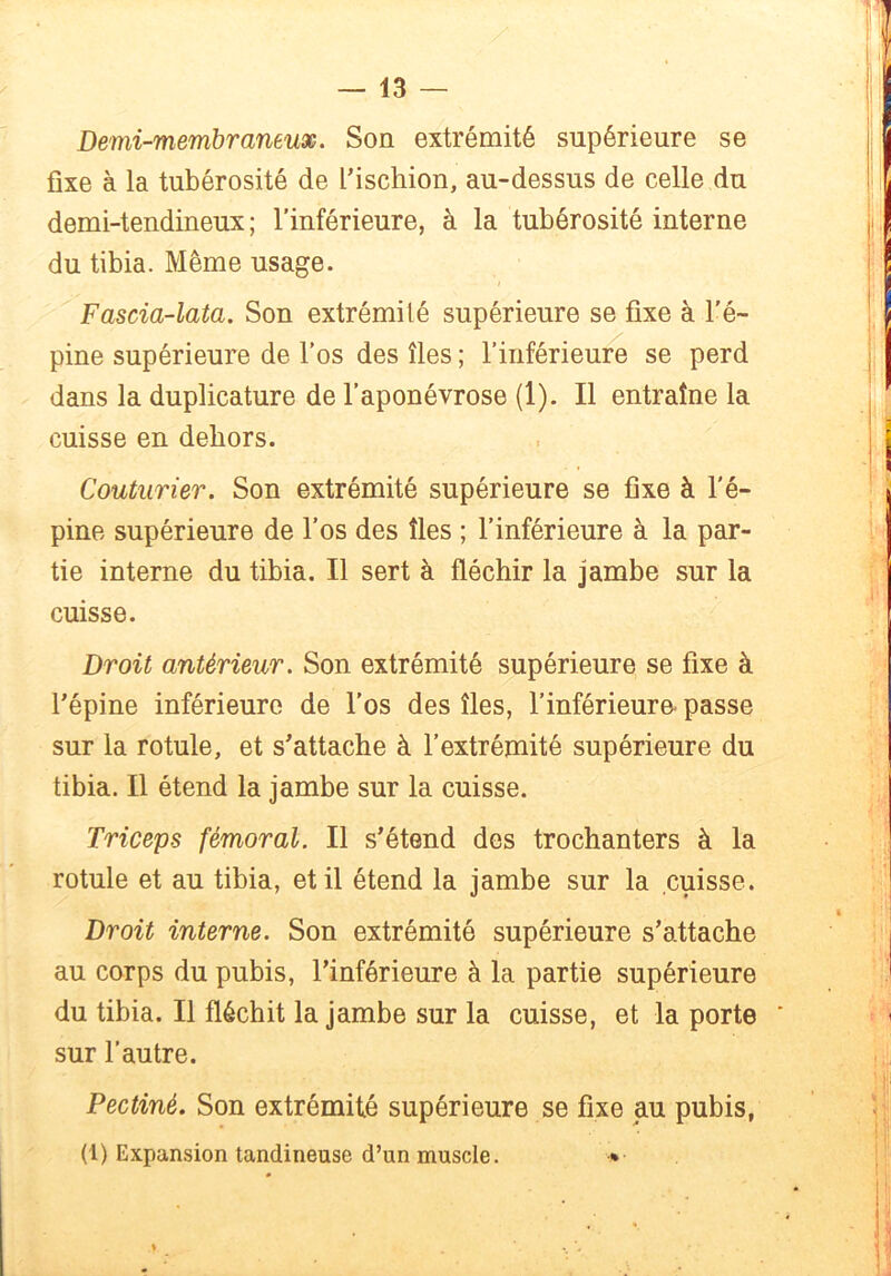 Demi-membraneux. Son extrémité supérieure se fixe à la tubérosité de l’ischion, au-dessus de celle du demi-tendineux ; l’inférieure, à la tubérosité interne du tibia. Même usage. Fascia-lata. Son extrémité supérieure se fixe à l’é- pine supérieure de l’os des îles ; l’inférieure se perd dans la duplicature de l’aponévrose (1). Il entraîne la cuisse en dehors. Couturier. Son extrémité supérieure se fixe à l'é- pine supérieure de l’os des îles ; l’inférieure à la par- tie interne du tibia. Il sert à fléchir la jambe sur la cuisse. Droit antérieur. Son extrémité supérieure se fixe à l’épine inférieure de l’os des îles, l’inférieuro passe sur la rotule, et s’attache à l’extrémité supérieure du tibia. Il étend la jambe sur la cuisse. Triceps fémoral. Il s’étend des trochanters à la rotule et au tibia, et il étend la jambe sur la cuisse. Droit interne. Son extrémité supérieure s’attache au corps du pubis, l’inférieure à la partie supérieure du tibia. Il fléchit la jambe sur la cuisse, et la porte * sur l’autre. Pectiné. Son extrémité supérieure se fixe au pubis, (1) Expansion tandineuse d’un muscle. *