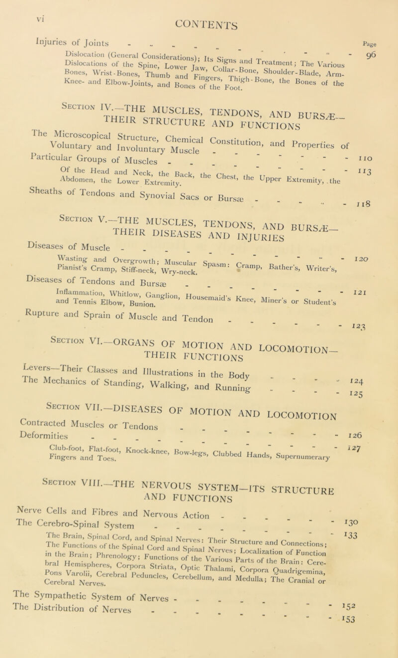 Injuries of Joints - page Dislocation (General Considerations! • ft* c;„  . ’ '  ’ 96 Dislocations of the Spine, Lower Jaw C p™ reatnient; The Various Bones, Wrist.Bones, Thumb Ind Fta~rs Th 7 p Sho'd-B'^e, Arm- Knee and Elbow-Joints, and Bones oS fIoJ? ’ B°nes °‘ the SECT,ON THEWS' TENDONS- and BURSiE- heir structure and functions ' ^ vt^t^and hivohintary'^M^iscLe ^ ad P^ies of Particular Groups of Muscles - _   - - no AbdomenHeut ^wer^Lt^Ly^ ^ ** Upper Extremity, .the _ 3 Sheaths of Tendons and Synovial Sacs or Burs* - ji8 s™ »® BURSS!- 1HL1R DISEASES AND INJURIES Diseases of Muscle _ Wasting and Overgrowth ■ MiNmlnr c Pianist’s Cramp, Stiff-neck, Wry-neck. PtlSni' ramP’ Bather’s, Writer’s, Diseases of Tendons and Bursa; Inflammation, Whitlow fi'mo-iinn u . and Tennis Elbow, Bunion. ’ ousema,d s Knec, Miner’s or Student's Rupture and Sprain of Muscle and Tendon 120 121 SECT,ON vi—organs of motion and LOCOMOTION- teieir functions ^Ve^~~irheir Classes ancI Illustrations in the Body e Mechanics of Standing, Walking, and Running . . . ^ SBCTto. VII, DISEASES OF MOTION AND LOCOMOTION Contracted Muscles or Tendons Deformities _ ~ Finge^anPTo^1’ Kn°Ck'knee’ Bow-leSs, Clubbed Hands, Supernumerary Section VIII.-THE NERVOUS SYSTEM-ITS STRUCTURE and functions Nerve Cells and Fibres and Nervous Action - The Cerebro-Spinal System c The Sympathetic System of Nerves - The Distribution of Nerves 123 124 125 126 127 130 *33 J52 !53