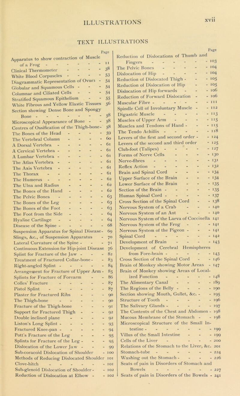 TEXT ILLUSTRATIONS Apparatus to show contraction of Muscle of a Frog - Clinical Thermometer White Blood Corpuscles - Diagrammatic Representation of Ovum Globular and Squamous Cells - Columnar and Ciliated Cells Stratified Squamous Epithelium White Fibrous and Yellow Elastic Tissues Section showing Dense Bone and Spongy Bone ------ Microscopical Appearance of Bone - Centres of Ossification of the Thigh-boi The Bones of the Head - - - The Vertebral Column - - - A Dorsal Vertebra - - - - A Cervical Vertebra - - - - A Lumbar Vertebra - The Atlas Vertebra - The Axis Vertebra - The Thorax - - - - - The Humerus - - - - - The Ulna and Radius - The Bones of the Hand - - - The Pelvic Bones - - - The Bones of the Leg - - - The Bones of the Foot - The Foot from the Side - - - Hyaline Cartilage - - - - Disease of the Spine - - - - Suspension Apparatus for Spinal Dises Slings, &c., of Suspension Apparatus Lateral Curvature of the Spine - Continuous Extension for Hip-joint Disi Splint for Fracture of the Jaw - Treatment of Fractured Collar-bone- Right-angled Splint - - - - Arrangement for Fracture of Upper Ai Splints for Fracture of Forearm Colies’ Fracture - - - - Pistol Splint - - - - - Plaster for Fractured Ribs The Thigh-bone - - - - Fracture of the Thigh-bone Support for Fractured Thigh Double inclined plane - Liston’s Long Splint - Fractured Knee-pan - - - - Pott’s Fracture of the Leg Splints for Fracture of the Leg - Dislocation of the Lower Jaw - Sub-coracoid Dislocation of Shoulder Methods of Reducing Dislocated Shou Clove-hitch - Sub-glenoid Dislocation of Shoulder- Reduction of Dislocation at Elbow - Page 11 38 53 54 54 54 55 56 58 - 59 - 60 - 61 - 61 - 61 - 61 - 61 - 61 - 62 - 62 - 62 - 63 - 63 - 63 - 64 - 64 - 68 69 - 70 - 7i se 76 - 82 - 83 - 84 - 85 - 86 - 87 - 87 - 90 - 90 - 9i - 92 - 92 - 93 - 94 - 95 - 95 - 99 - 100 er IOI - IOI - 102 - 102 Page Reduction of Dislocations of 4 humb and Fingers - - - - - - io3 The Pelvic Bones - - - - - 104 Dislocation of Hip - - - - - 104 Reduction of Dislocated Thigh - - - 105 Reduction of Dislocation of Hip - - 105 Dislocation of Hip forwards - - - 106 Reduction of Forward Dislocation - - 106 Muscular Fibre - - - - - - hi Spindle Cell of Involuntary Muscle - - 112 Digastric Muscle - - - - - TI3 Muscles of Upper Arm - - - - ”5 Muscles and Tendons of Hand - - - 115 The Tendo Achillis - - - - - 118 Levers of the first and second order - -124 Levers of the second and third order - 125 Club-foot (Talipes) 127 Forms of Nerve Cells - !3° Nerve-fibres - - - - - - J3! Reflex Action - - - - » - !32 Brain and Spinal Cord - - - - 134 Upper Surface of the Brain - - - J34 Lower Surface of the Brain - - - 135 Section of the Brain ----- 135 Human Spinal Cord ----- 137 Cross Section of the Spinal Cord - - 138 Nervous System of a Crab - - - 140 Nervous System of an Ant - - - 140 Nervous System of the Larva of Coccinella 141 Nervous System of the Frog - 141 Nervous System of the Pigeon - - - 141 Spinal Cord - - - - - - 142 Development of Brain ... - 143 Development of Cerebral Hemispheres from Fore-brain - - - - -143 Cross Section of the Spinal Cord - - 146 Brain of Monkey showing Motor Areas - 147 Brain of Monkey showing Areas of Local- ized Function - - - - - 148 The Alimentary Canal - - - - 189 The Regions of the Belly - - - - 190 Section showing Mouth, Gullet, &c. - - 195 Structure of Tooth - - - - - 196 The Salivary Glands - - - - - 197 The Contents of the Chest and Abdomen - 198 Mucous Membrane of the Stomach - - 198 Microscopical Structure of the Small In- testine - - - - - - - '99 Villus of the Small Intestine - 199 Cells of the Liver - ... 200 Relations of the Stomach to the Liver, &c. 201 Stomach-tube ------ 224 Washing out the Stomach - - - - 226 Seats of pain in Disorders of Stomach and Bowels ------ 227 Seats of pain in Disorders of the Bowels - 241