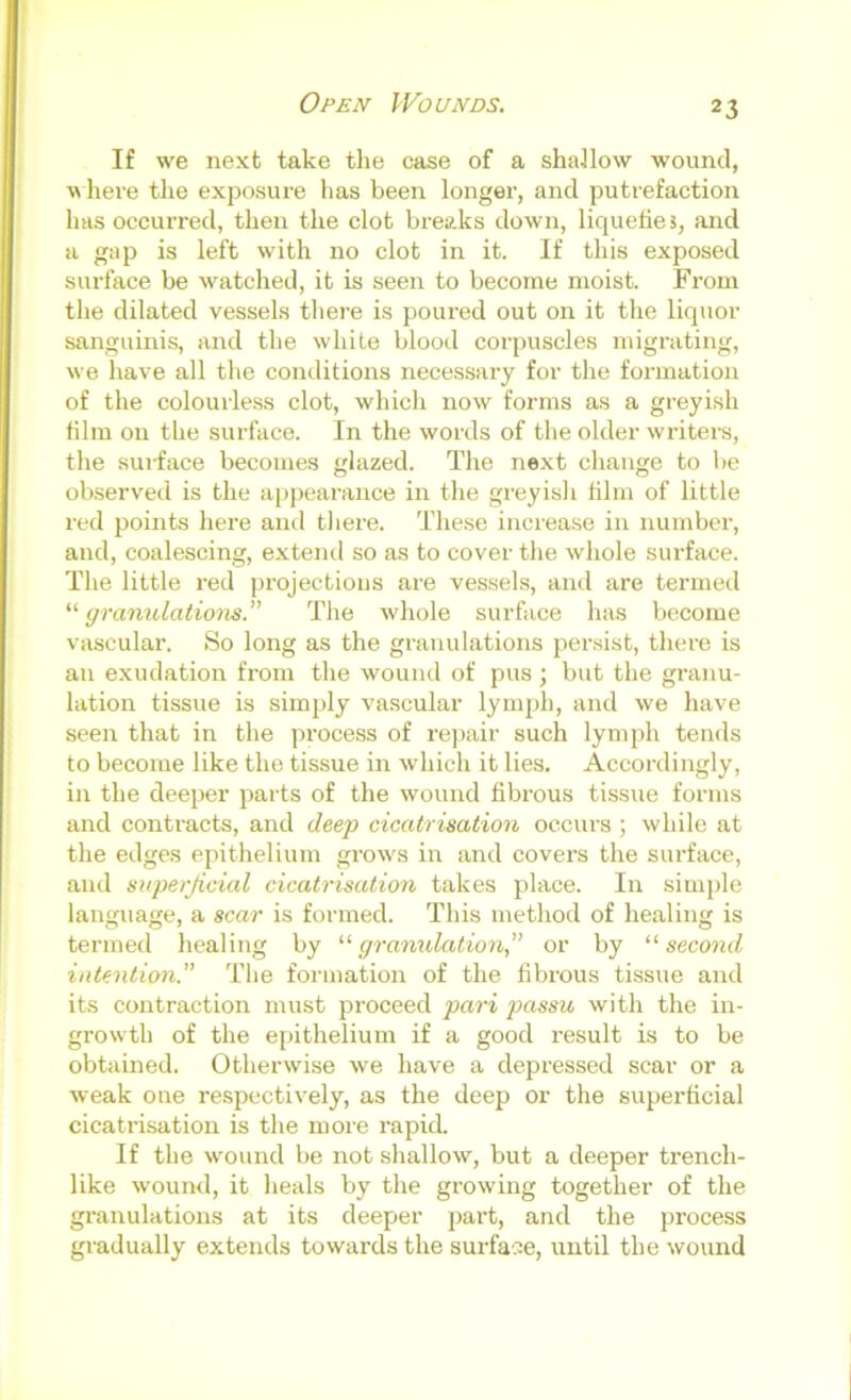 Open IVounds. If we next take the case of a shallow wound, where the exposure has been longer, and putrefaction has occurred, then the clot breaks down, liquefies, and a gap is left with no clot in it. If this exposed surface be wuitched, it is seen to become moist. From the dilated vessels there is poured out on it the liquor sanguinis, and the white blood corpuscles migrating, we have all the conditions necessary for the formation of the colourless clot, whicli now forms as a greyish film on the surface. In the words of the older writers, the surface becomes glazed. The next change to be observed is the appearance in the grey is! i film of little red points here and tliere. These increase in number, and, coalescing, extend so as to cover the whole surface. The little red projections are vessels, and are termed ^^granulations.” The whole surface has become vascular. So long as the granulations persist, there is an exudation from the wound of pus ; but the granu- lation tissue is simply vascular lymph, and we have seen that in the process of rej)air such lymph tends to become like the tissue in which it lies. Accordingly, in the deeper parts of the wound fibrous tissue forms and contracts, and deep cicatrisation occurs ; while at the edges epithelium grows in and covers the surface, and superjicial cicatrisation takes place. In simple language, a scar is formed. This method of healing is termed healing by “ granulation” or by “ second intention.” The formation of the fibrous tissue and its contraction must proceed pari passu with the in- growth of the epithelium if a good result is to be obtained. Otherwise we have a depressed scar or a weak one respectively, as the deep or the superficial cicatrisation is tlie more i-apid. If the w'ound be not shallow, but a deeper trench- like wound, it heals by the growing together of the granulations at its deeper part, and the process gradually extends towards the surface, until the wound