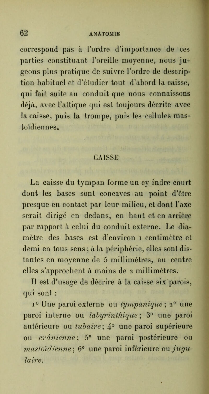 correspond pas à l’ordre d’importance de ces parties constituant l’oreille moyenne, nous ju- geons plus pratique de suivre l’ordre de descrip- tion habituel et d’étudier tout d’abord la caisse, qui fait suite au conduit que nous connaissons déjà, avec l’altique qui est toujours décrite avec la caisse, puis la trompe, puis les cellules mas- toïdiennes. CAISSE La caisse du tympan forme un cy indre court dont les bases sont concaves au point d’être presque en contact par leur milieu, et dont l’axe serait dirigé en dedans, en haut et en arrière par rapport à celui du conduit externe. Le dia- mètre des bases est d’environ 1 centimètre et demi en tous sens ; à la périphérie, elles sont dis- tantes en moyenne de 5 millimètres, au centre elles s’approchent à moins de 2 millimètres. Il est d’usage de décrire à la caisse six parois, qui sont : i° Une paroi externe ou tympanique\ 20 une paroi interne ou labyrinthique ; 3° une paroi antérieure ou tubaire; 4° une paroi supérieure ou crânienne ; 5° une paroi postérieure ou mastoïdienne ; 6° une paroi inférieure ou jugu- laire.