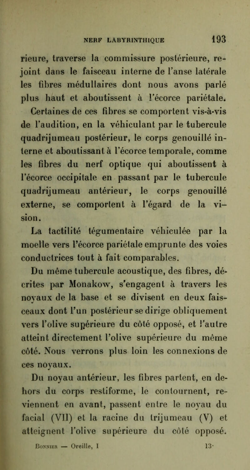 rieure, traverse la commissure postérieure, re- joint dans le faisceau interne de l’anse latérale les fibres médullaires dont nous avons parlé plus haut et aboutissent à l’écorce pariétale. Certaines de ces fibres se comportent vis-à-vis de l’audition, en la véhiculant par le tubercule quadrijumeau postérieur, le corps genouillé in- terne et aboutissant à l’écorce temporale, comme les fibres du nerf optique qui aboutissent à l’écorce occipitale en passant par le tubercule quadrijumeau antérieur, le corps genouillé externe, se comportent à l’égard de la vi- sion. La tactilité tégumentaire véhiculée par la moelle vers l’écorce pariétale emprunte des voies conductrices tout à fait comparables. Du même tubercule acoustique, des fibres, dé- crites par Monakow, s’engagent à travers les noyaux de la base et se divisent en deux fais- ceaux dont l’un postérieur se dirige obliquement vers l’olive supérieure du côté opposé, et l’autre atteint directement l’olive supérieure du même côté. Nous verrons plus loin les connexions de ces noyaux. Du noyau antérieur, les fibres partent, en de- hors du corps restiforme, le contournent, re- viennent en avant, passent entre le noyau du facial (VII) et la racine du trijumeau (V) et atteignent l’olive supérieure du côté opposé.