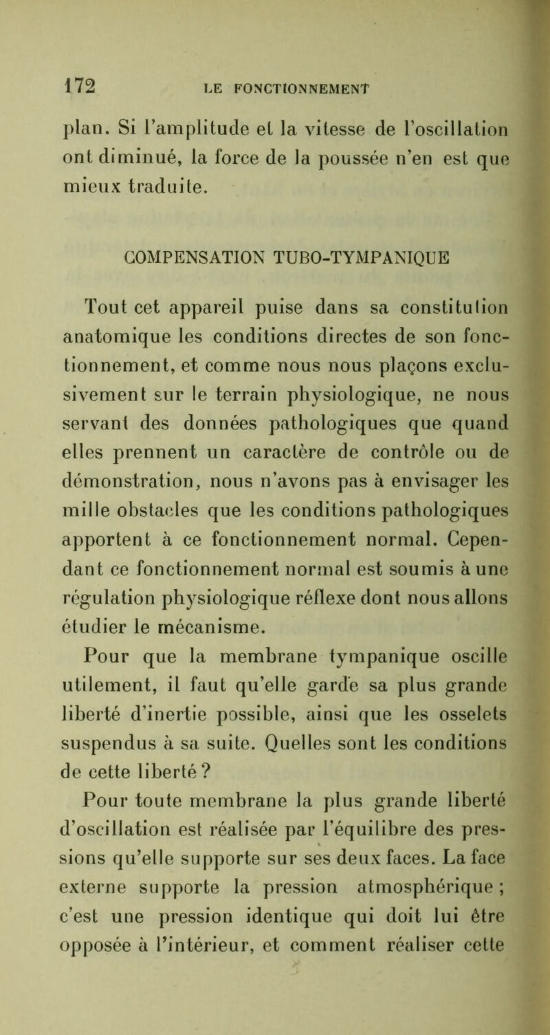 plan. Si l’amplitude et la vitesse de l’oscillation ont diminué, la force de la poussée n’en est que mieux traduite. COMPENSATION TUBO-TYMPANIQUE Tout cet appareil puise dans sa constitulion anatomique les conditions directes de son fonc- tionnement, et comme nous nous plaçons exclu- sivement sur le terrain physiologique, ne nous servant des données pathologiques que quand elles prennent un caractère de contrôle ou de démonstration, nous n’avons pas à envisager les mille obstacles que les conditions pathologiques apportent à ce fonctionnement normal. Cepen- dant ce fonctionnement normal est soumis aune régulation physiologique réflexe dont nous allons étudier le mécanisme. Pour que la membrane tympanique oscille utilement, il faut qu’elle garde sa plus grande liberté d’inertie possible, ainsi que les osselets suspendus à sa suite. Quelles sont les conditions de cette liberté ? Pour toute membrane la plus grande liberté d’oscillation est réalisée par l’équilibre des pres- sions qu’elle supporte sur ses deux faces. La face externe supporte la pression atmosphérique; c’est une pression identique qui doit lui être opposée à l’intérieur, et comment réaliser cette