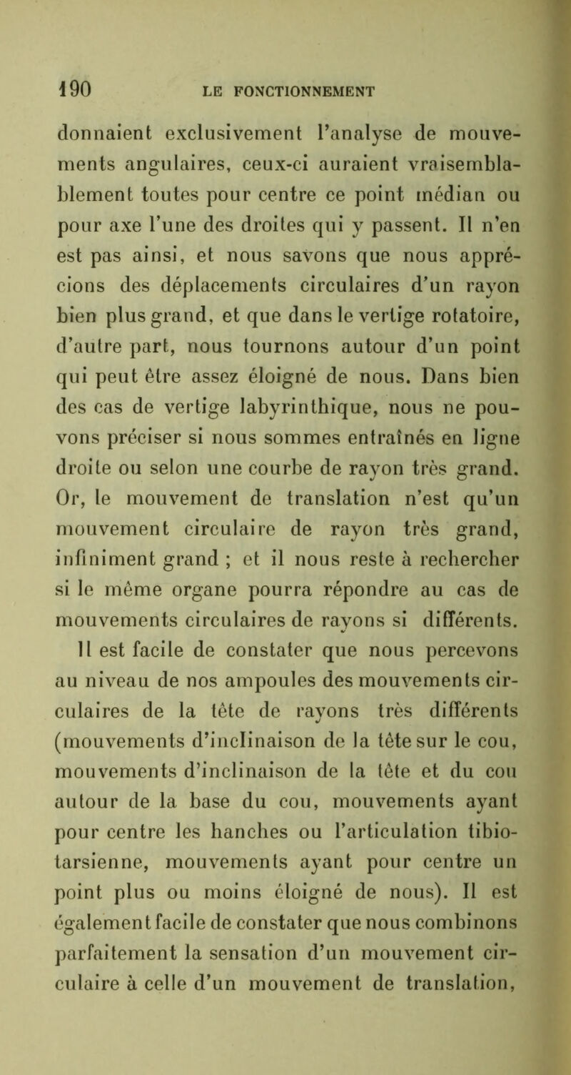 donnaient exclusivement l’analyse de mouve- ments angulaires, ceux-ci auraient vraisembla- blement toutes pour centre ce point médian ou pour axe l’une des droites qui y passent. Il n’en est pas ainsi, et nous savons que nous appré- cions des déplacements circulaires d’un rayon bien plus grand, et que dans le vertige rotatoire, d’autre part, nous tournons autour d’un point qui peut être assez éloigné de nous. Dans bien des cas de vertige labyrinthique, nous ne pou- vons préciser si nous sommes entraînés en ligne droite ou selon une courbe de rayon très grand. Or, le mouvement de translation n’est qu’un mouvement circulaire de rayon très grand, infiniment grand ; et il nous reste à rechercher si le même organe pourra répondre au cas de mouvements circulaires de rayons si différents. Il est facile de constater que nous percevons au niveau de nos ampoules des mouvements cir- culaires de la tête de rayons très différents (mouvements d’inclinaison de la tête sur le cou, mouvements d’inclinaison de la tète et du cou autour de la base du cou, mouvements ayant pour centre les hanches ou l’articulation tibio- tarsienne, mouvements ayant pour centre un point plus ou moins éloigné de nous). Il est également facile de constater que nous combinons parfaitement la sensation d’un mouvement cir- culaire à celle d’un mouvement de translation,