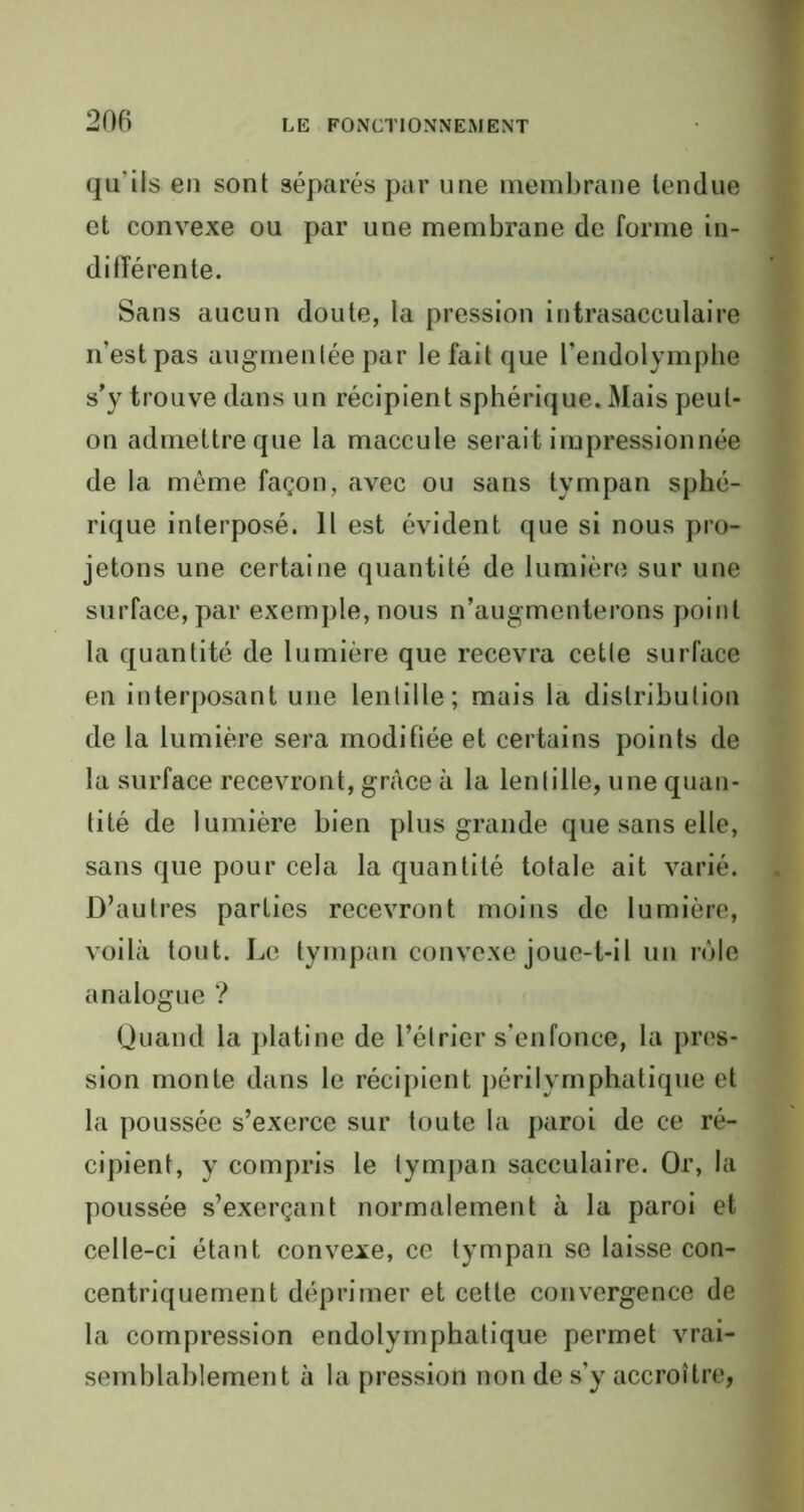 qu'ils en sont séparés par une membrane tendue et convexe ou par une membrane de forme in- différente. Sans aucun doute, la pression intrasacculaire n’est pas augmentée par le fait que l’endolymphe s'y trouve dans un récipient sphérique. Mais peut- on admettre que la maccule serait impressionnée de la même façon, avec ou sans tympan sphé- rique interposé. Il est évident que si nous pro- jetons une certaine quantité de lumière sur une surface, par exemple, nous n’augmenterons point la quantité de lumière que recevra cette surface en interposant une lentille; mais la distribution de la lumière sera modifiée et certains points de la surface recevront, grâce à la lentille, une quan- tité de lumière bien plus grande que sans elle, sans que pour cela la quantité totale ait varié. D’autres parties recevront moins de lumière, voilà tout. Le tympan convexe joue-t-il un rôle analogue ? Quand la platine de l’étrier s’enfonce, la pres- sion monte dans le récipient périlymphatique et la poussée s’exerce sur toute la paroi de ce ré- cipient, y compris le tympan sacculaire. Or, la poussée s’exerçant normalement à la paroi et celle-ci étant convexe, ce tympan se laisse con- centriquement déprimer et cette convergence de la compression endolymphalique permet vrai- semblablement à la pression non de s’y accroître,