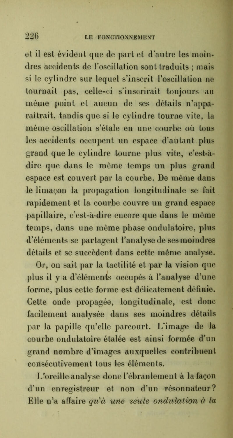 et il est évident que de part et d'autre les moin- dres accidents de l’oscillation sont traduits ; mais si le cylindre sur lequel s’inscrit l’oscillation ne tournait pas, celle-ci s’inscrirait toujours au même point et aucun de ses détails n’appa- raîtrait, tandis que si le cylindre tourne vite, la même oscillation s’étale en une courbe où tous les accidents occupent un espace d’autant plus grand que le cylindre tourne plus vite, c’est-à- dire que dans le même temps un plus grand espace est couvert par la courbe. De même dans le limaçon la propagation longitudinale se fait rapidement et la courbe couvre un grand espace papillaire, c’est-à-dire encore que dans le môme temps, dans une même phase ondulatoire, plus d’éléments se partagent l’analyse de ses moindres détails et se succèdent dans cette même analyse. Or, on 9ait par la tactilité et par la vision que plus il y a d’éléments occupés à l’analyse d’une forme, plus cette forme est délicatement définie. Cette onde propagée, longitudinale, est donc facilement analysée dans ses moindres détails par la papille qu’elle parcourt. L'image de la courbe ondulatoire étalée est ainsi formée d’un grand nombre d’images auxquelles contribuent consécutivement tous les éléments. L’oreille analyse donc l’ébranlement à la façon d’un enregistreur et non d’un résonnateur? Elle n’a affaire qu'à une seule ondulation à la