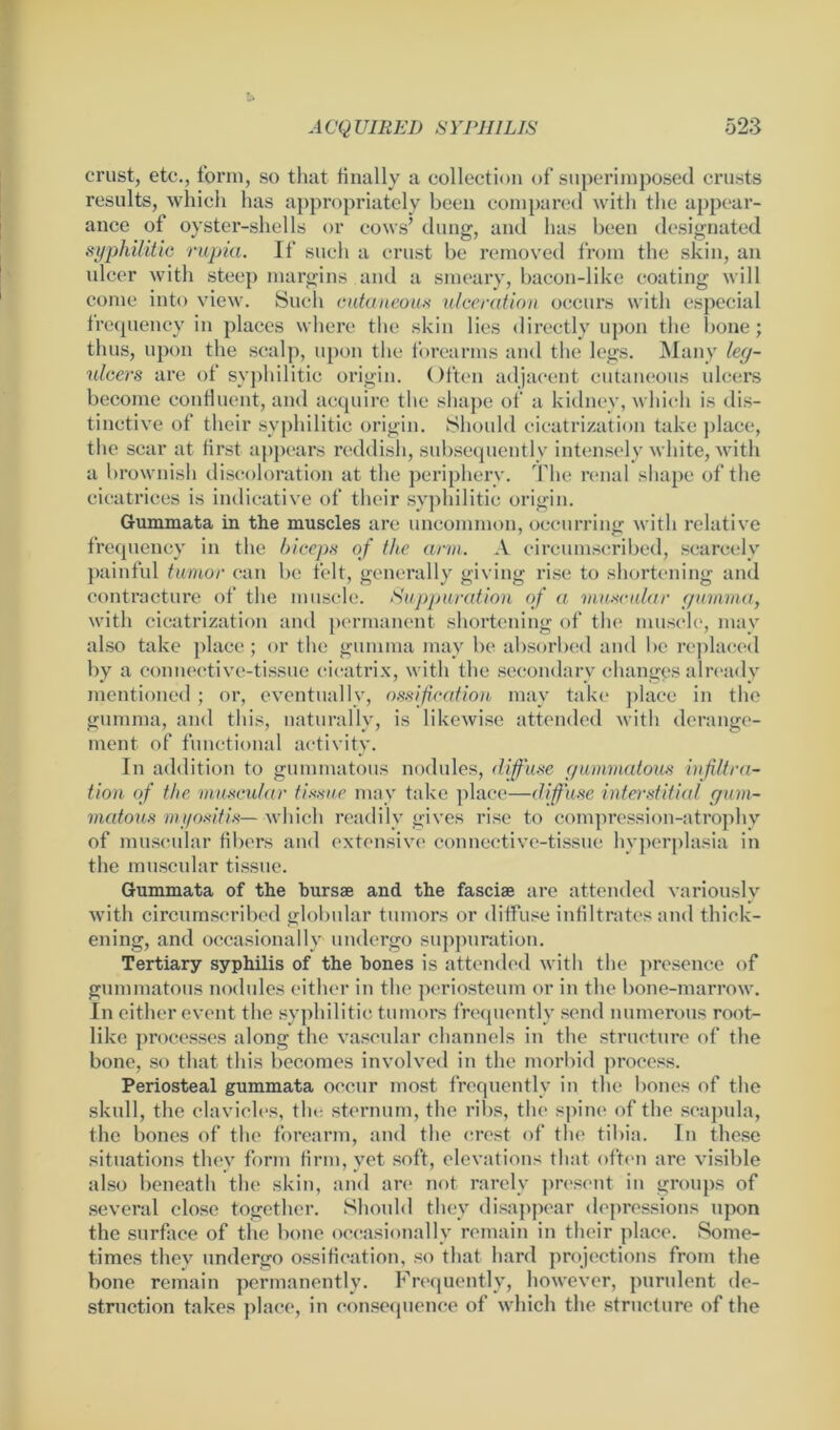 crust, etc., form, so that finally a collection of superimposed crusts results, which has appropriately been compared with the appear- ance of oyster-shells or cows’ dung, and has been designated syphilitic rwpia. If such a crust be removed from the skin, an ulcer with steep margins and a smeary, bacon-like coating will come into view. Such cutaneous ulceration occurs with especial frequency in places where the skin lies directly upon the bone; thus, upon the scalp, upon the forearms and the legs. Many ley- ulcers are of syphilitic origin. Often adjacent cutaneous ulcers become confluent, and acquire the shape of a kidney, which is dis- tinctive of their syphilitic origin. Should cicatrization take place, the scar at first appears reddish, subsequently intensely white, with a brownish discoloration at the periphery. The renal shape of the cicatrices is indicative of their syphilitic origin. Gummata in the muscles are uncommon, occurring with relative frequency in the biceps of the arm. A circumscribed, scarcely painful tumor can be felt, generally giving rise to shortening and contracture of the muscle. Suppuration of a muscular gumma, with cicatrization and permanent shortening of the muscle, may also take place; or the gumma may be absorbed and be replaced by a connective-tissue cicatrix, with the secondary changes already mentioned ; or, eventually, ossification may take place in the gumma, and this, naturally, is likewise attended with derange- ment of functional activity. In addition to gummatous nodules, diffuse gummatous infiltra- tion of the muscular tissue may take place—diffuse interstitial gum- matous myositis— which readily gives rise to compression-atrophy of muscular fibers and extensive connective-tissue hyperplasia in the muscular tissue. Gummata of the bursae and the fasciae are attended variously with circumscribed globular tumors or diffuse infiltrates and thick- ening, and occasionally undergo suppuration. Tertiary syphilis of the bones is attended with the presence of gummatous nodules either in the periosteum or in the bone-marrow. In either event the syphilitic tumors frequently send numerous root- like processes along the vascular channels in the structure of the bone, so that this becomes involved in the morbid process. Periosteal gummata occur most frequently in the bones of the skull, the clavicles, tin- sternum, the ribs, the spine of the scapula, the bones of the forearm, and the crest of the tibia. In these situations they form firm, yet soft, elevations that often are visible also beneath the skin, and arc* not rarely present in groups of several close together. Should they disappear depressions upon the surface of the bone occasionally remain in their place. Some- times they undergo ossification, so that hard projections from the bone remain permanently. Frequently, however, purulent de- struction takes place, in consequence of which the structure of the