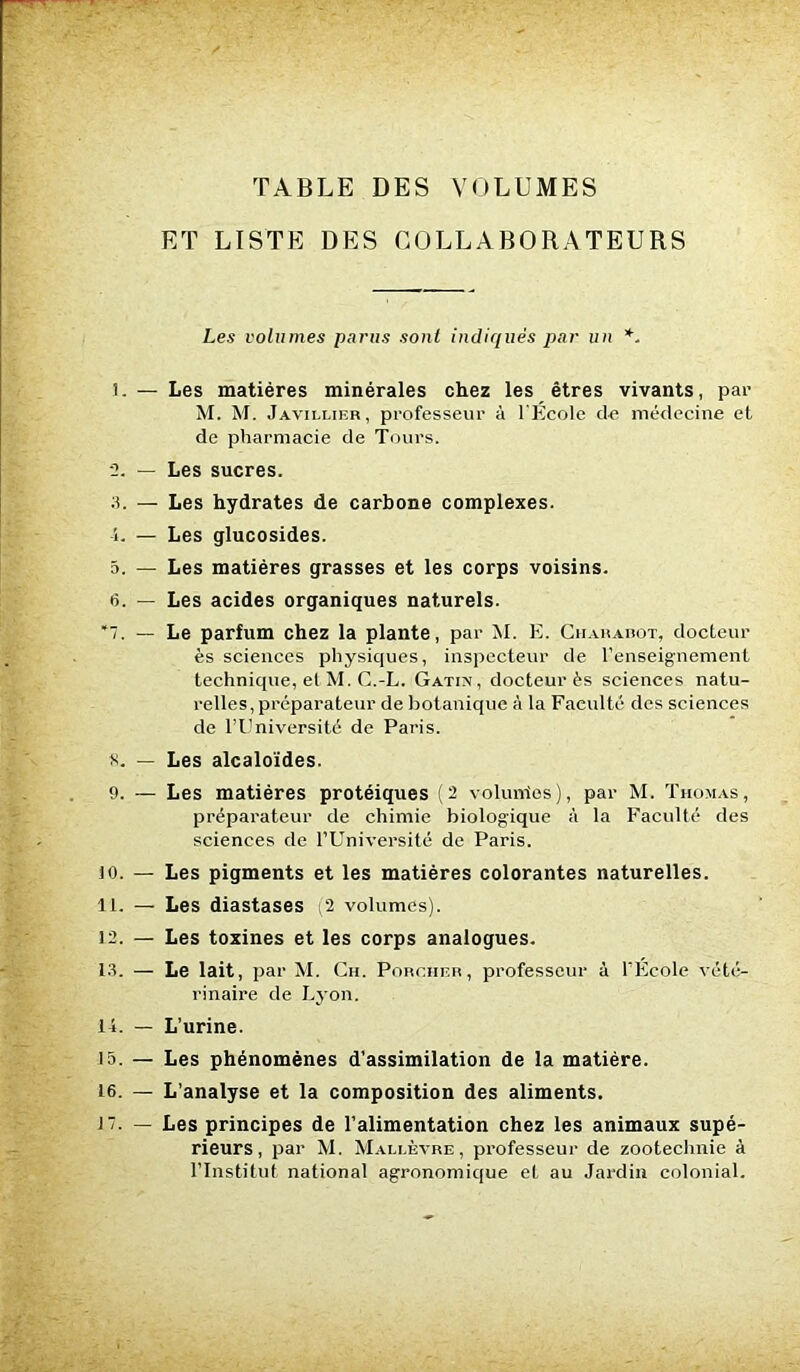 TABLE DES VOLUMES - ET LISTE DES COLLABORATEURS Les volumes parus sont indiqués par un *. 1. — Les matières minérales chez les êtres vivants, par M. M. Javillier, professeur à l'Ecole de médecine et de pharmacie de Tours. 2. — Les sucres. 3. — Les hydrates de carbone complexes. 4. — Les glucosides. 5. — Les matières grasses et les corps voisins. 6. — Les acides organiques naturels. ‘7. — Le parfum chez la plante, par M. E. Charabot, docteur ès sciences physiques, inspecteur de l’enseignement technique, el M. C.-L. Gatin, docteur ès sciences natu- relles, préparateur de botanique à la Faculté des sciences de l’Université de Paris. s. — Les alcaloïdes. 9. — Les matières protéiques (2 volunies), par M. Thomas, préparateur de chimie biologique à la Faculté des sciences de l’Université de Paris. 10. — Les pigments et les matières colorantes naturelles. IL. — Les diastases (2 volumes). 12. — Les toxines et les corps analogues. 13. — Le lait, par M. Ch. Porcher, professeur à l’Ecole vété- rinaire de Lyon. 14. — L’urine. 15. — Les phénomènes d’assimilation de la matière. 16. — L’analyse et la composition des aliments. 17. — Les principes de l’alimentation chez les animaux supé- rieurs, par M. Mallèvre, professeur de zootechnie à l’Institut national agronomique el au Jardin colonial.