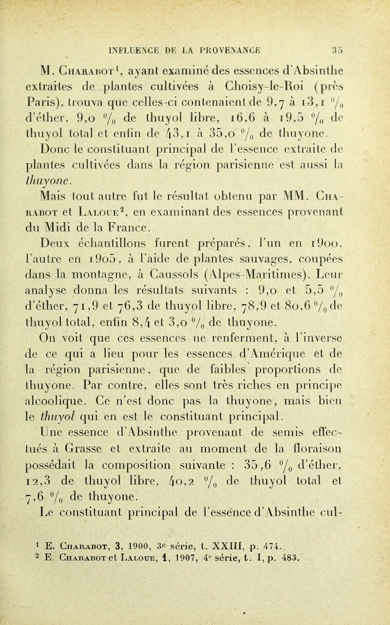 M. Cliaraisot1, ayant examiné des essences d’Absinthe extraites de plantes cultivées à Choisy-le-Roi (près Paris), trouva que celles-ci contenaient de 9,7 à i3,i °/0 d’éther, 9,o °/0 de thuyol libre, x6,6 à i9,5 °/0 de thuyol total et enfin de 43,1 à 35,o °/0 de thuyone. Donc le constituant principal de l’essence extraite de plantes cultivées dans la région parisienne est aussi la thuyone. Mais tout autre fut le résultat obtenu par MM. Cha- rabot et Laloue2, en examinant des essences provenant du Midi de la France. Deux échantillons furent préparés, l’un en i9oo. l’autre en i9o5, à l’aide déplantés sauvages, coupées dans la montagne, à Caussols (Alpes-Maritimes). Leur analyse donna les résultats suivants : 9,0 et 5,5 °/0 d’éther, 71,9 et 76,3 de thuyol libre, 78,9 et 80,6 %de thuyol total, enfin 8,4 et 3,o % 3e thuyone. O11 voit que ces essences ne renferment, à l’inverse de ce qui a lieu pour les essences d’Amérique et de la région parisienne, que de faibles proportions de thuyone. Par contre, elles sont très riches en principe alcoolique. Ce n’est donc pas la thuyone, mais bien le thuyol qui en est le constituant principal. Une essence d’Absintlie provenant de semis effec- tués à Grasse et extraite au moment de la floraison possédait la composition suivante : 35,6 °/0 d’éther, 12,3 de thuyol libre, 4o,2 °/o 3e thuyol total et 7,6 °/0 de thuyone. Le constituant principal de l’essence d’Absintlie cul- 1 E. Charabot, 3, 1900, 3e série, t. XXIII, p. 474.